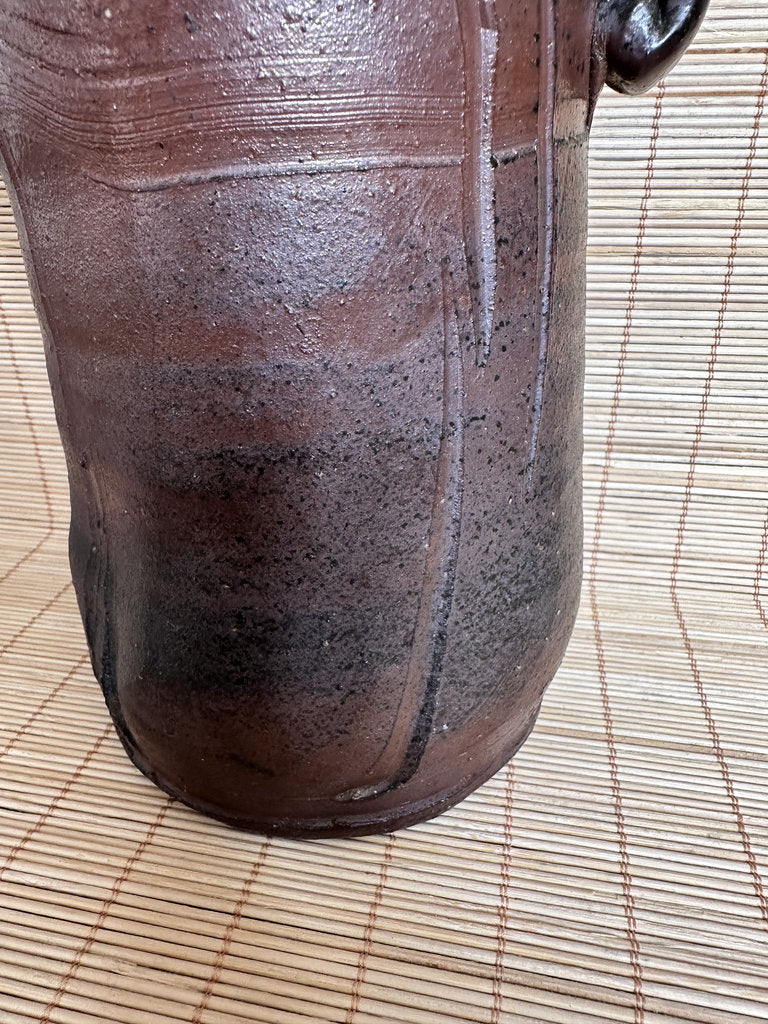 Bizen Yaki Tsubo Vase | Sangiri & Yohen Fire | Double Loop Handles | Japanese Ikebana Stoneware | Wabi-Sabi Unglazed Pottery