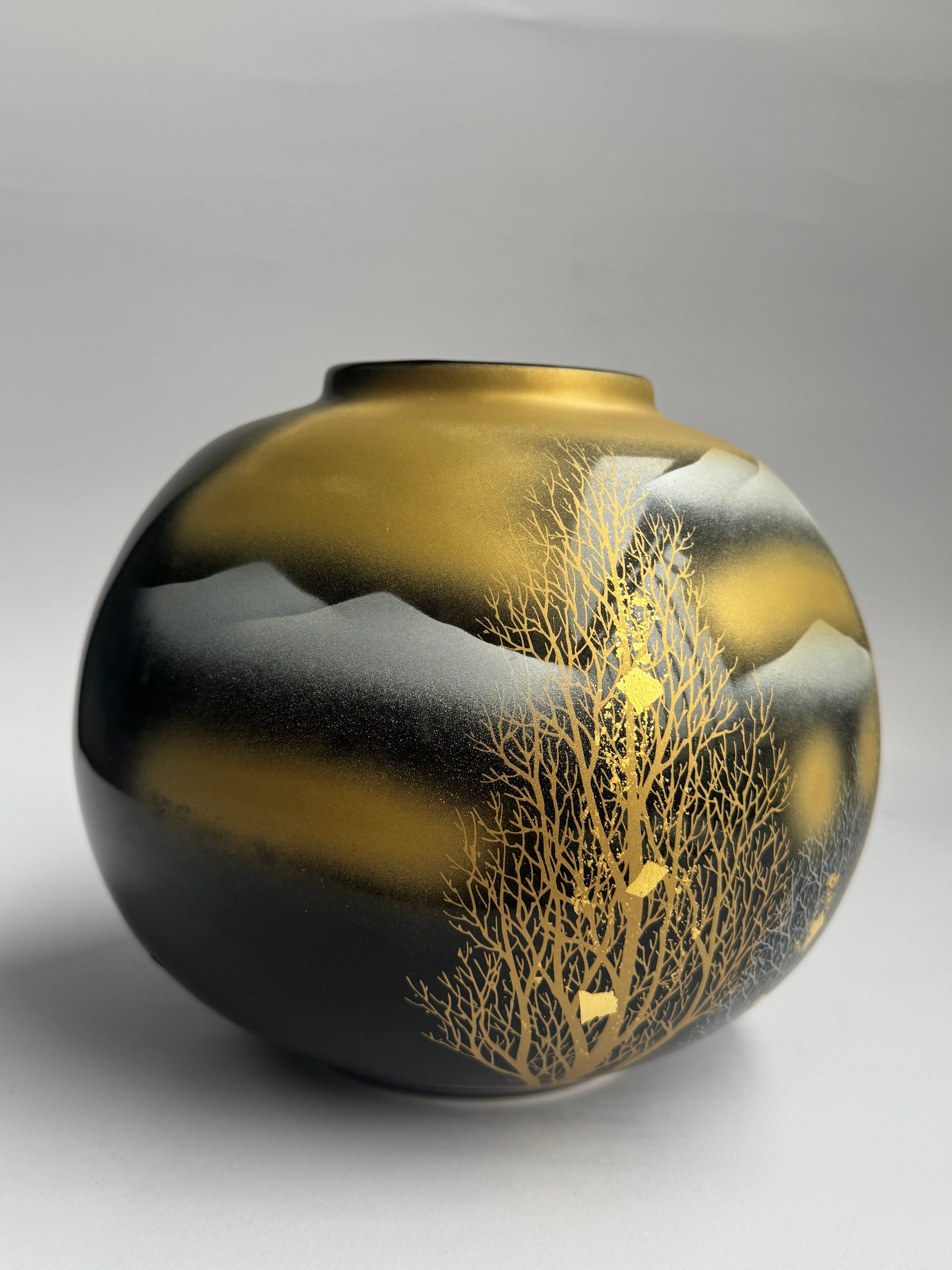 Kutani Gold-Glazed Vase with Mountain & Pine Forest Landscape - Japanese Art Pottery