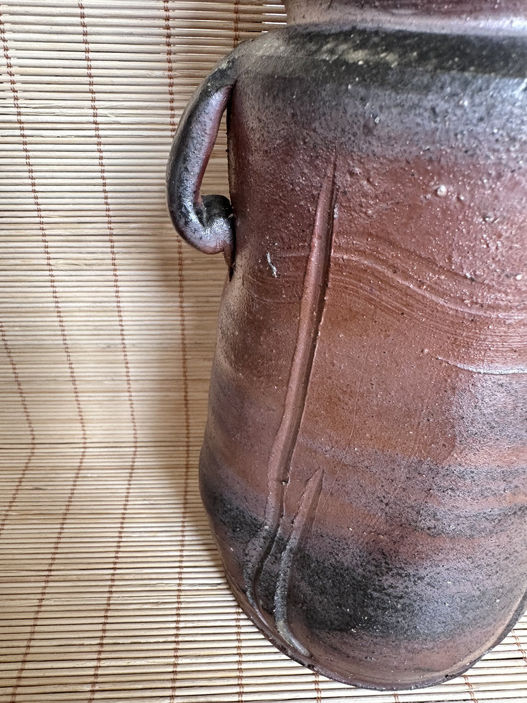 Bizen Yaki Tsubo Vase | Sangiri & Yohen Fire | Double Loop Handles | Japanese Ikebana Stoneware | Wabi-Sabi Unglazed Pottery
