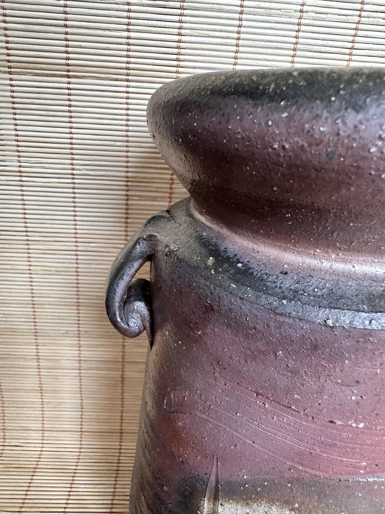 Bizen Yaki Tsubo Vase | Sangiri & Yohen Fire | Double Loop Handles | Japanese Ikebana Stoneware | Wabi-Sabi Unglazed Pottery