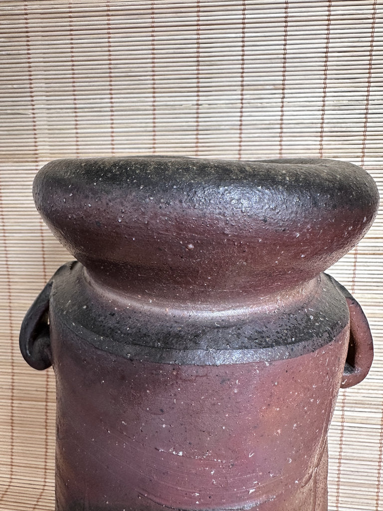 Bizen Yaki Tsubo Vase | Sangiri & Yohen Fire | Double Loop Handles | Japanese Ikebana Stoneware | Wabi-Sabi Unglazed Pottery