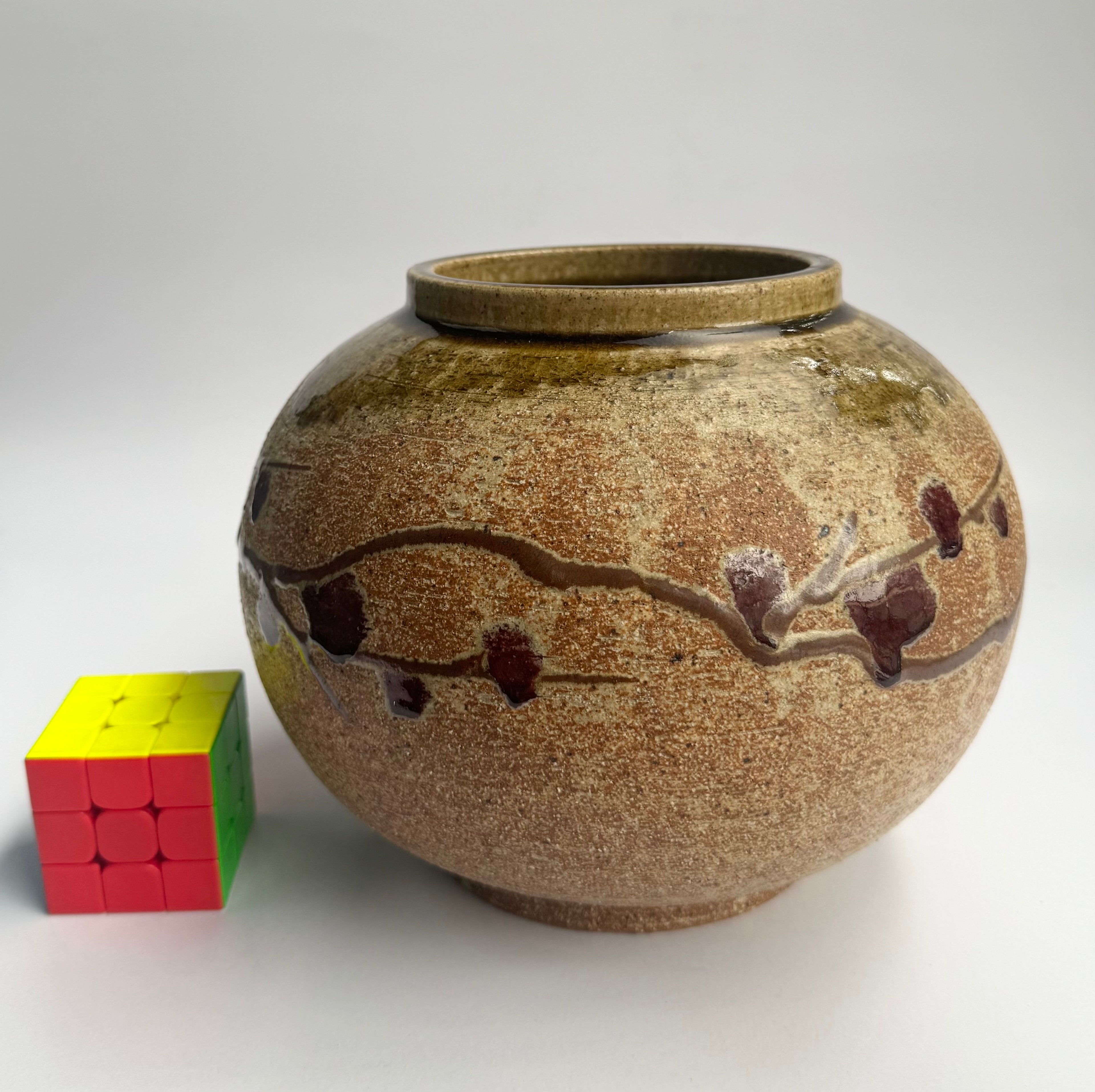 Japanese Rustic Stoneware Vase with Yellow-Pink Glaze & Red Plum Blossoms