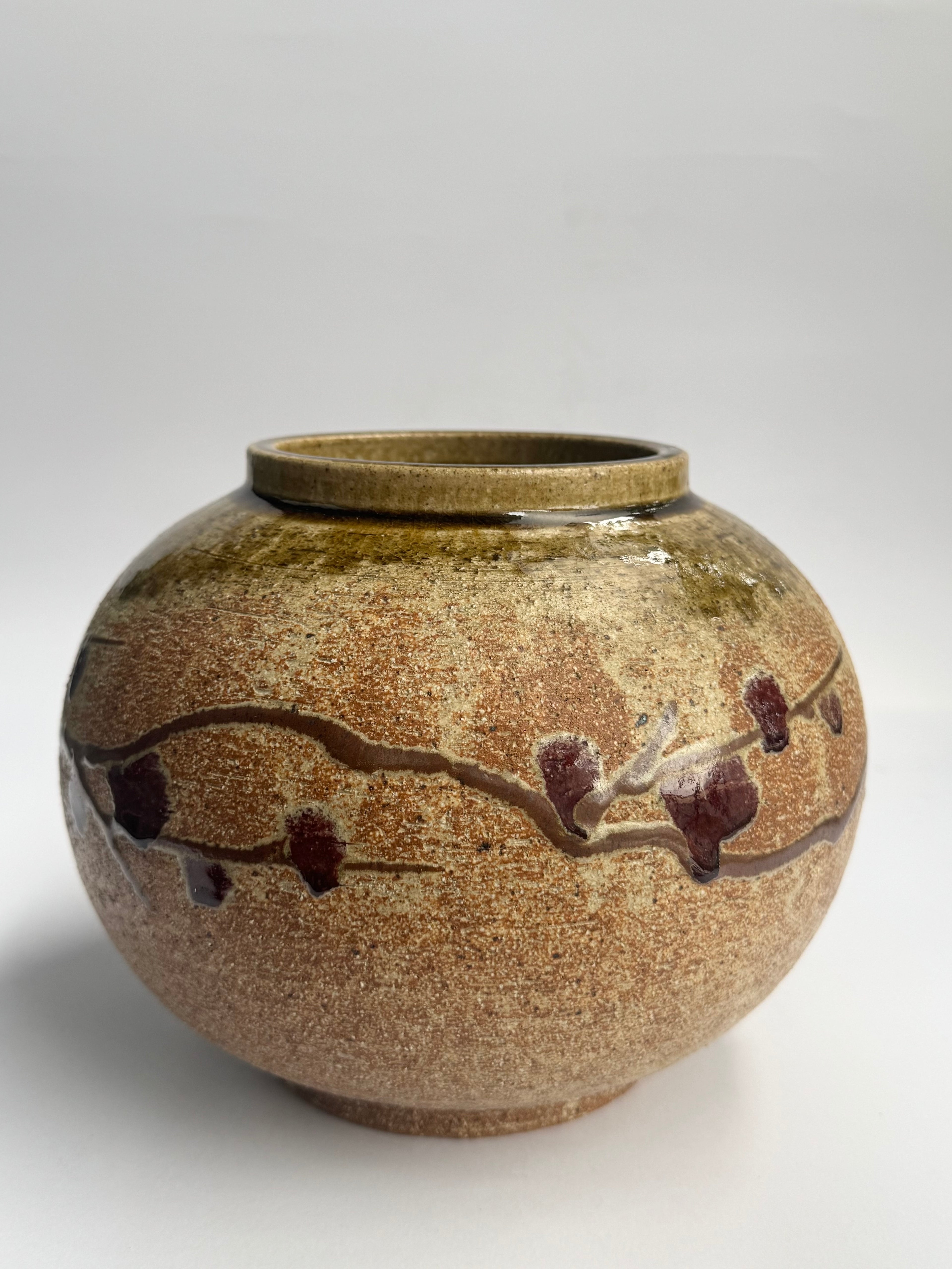 Japanese Rustic Stoneware Vase with Yellow-Pink Glaze & Red Plum Blossoms