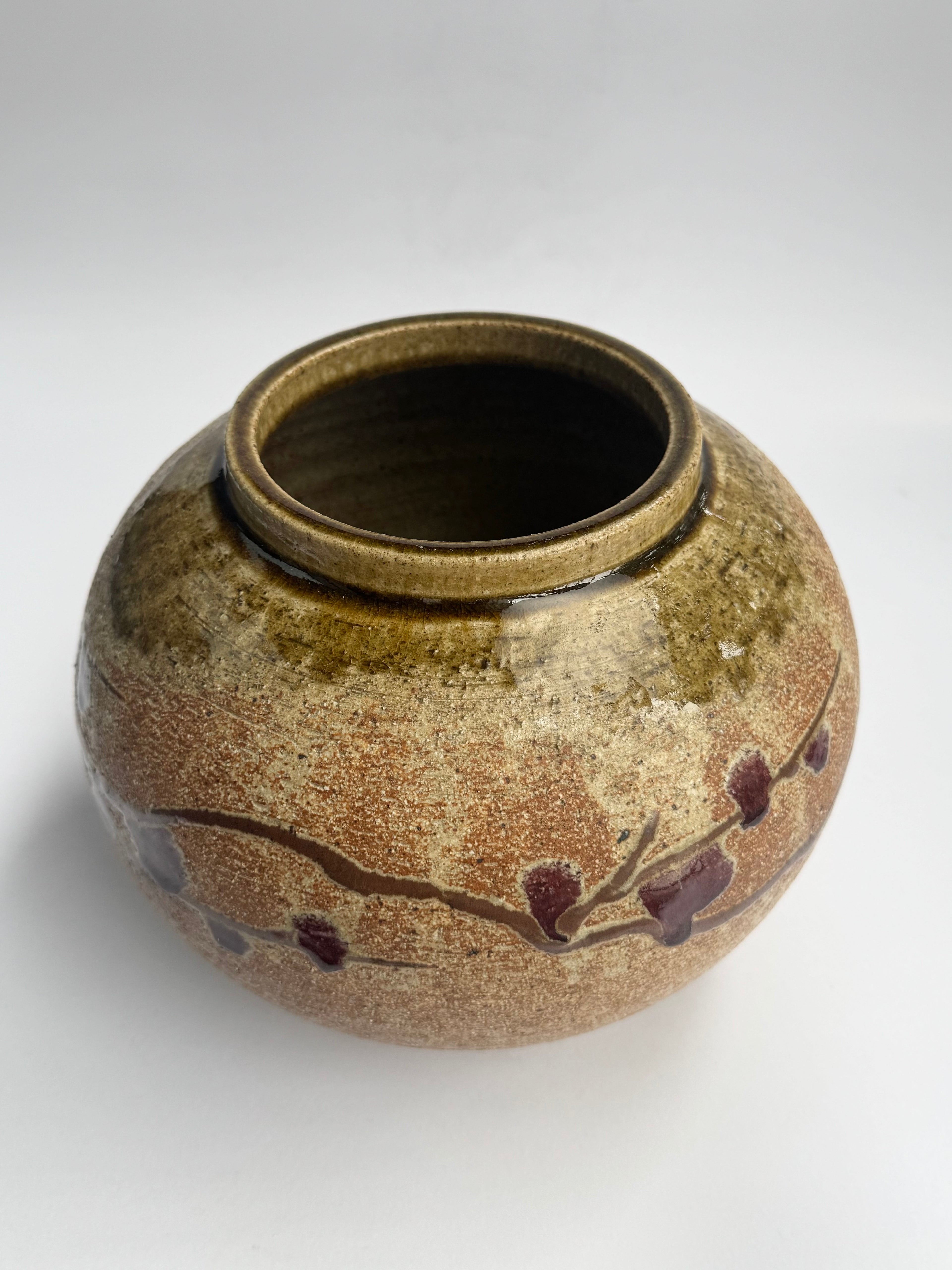 Japanese Rustic Stoneware Vase with Yellow-Pink Glaze & Red Plum Blossoms