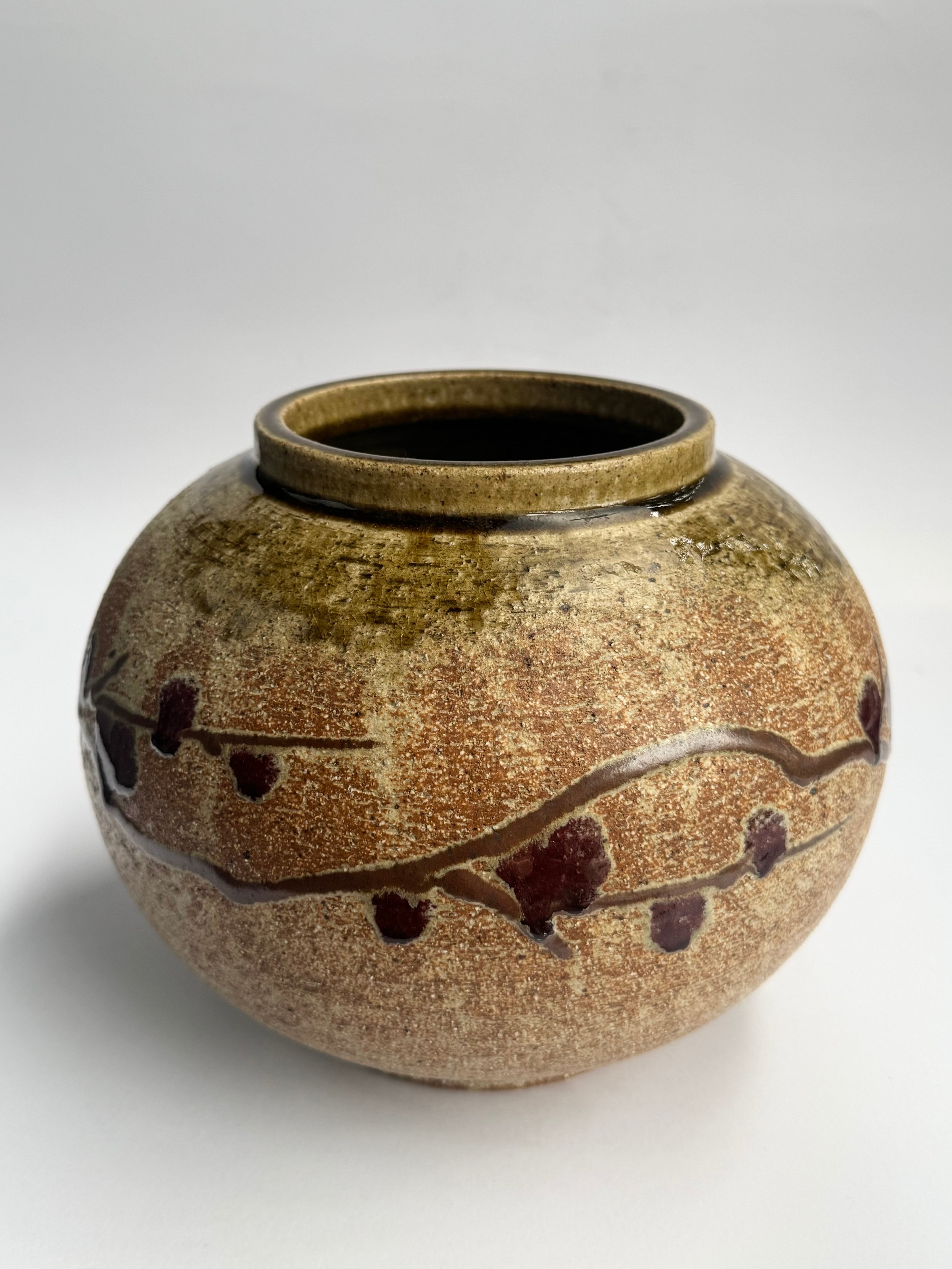 Japanese Rustic Stoneware Vase with Yellow-Pink Glaze & Red Plum Blossoms