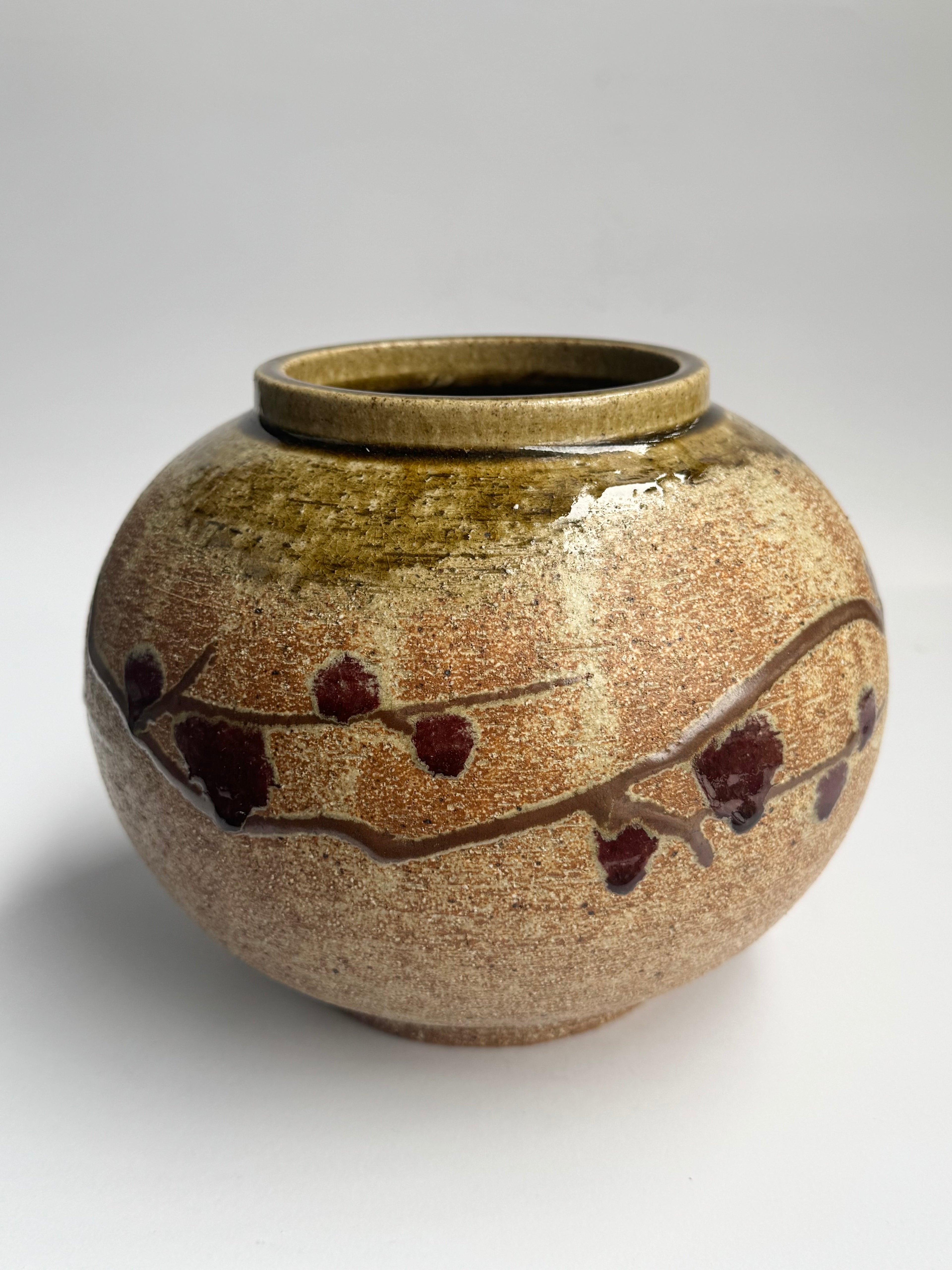 Japanese Rustic Stoneware Vase with Yellow-Pink Glaze & Red Plum Blossoms