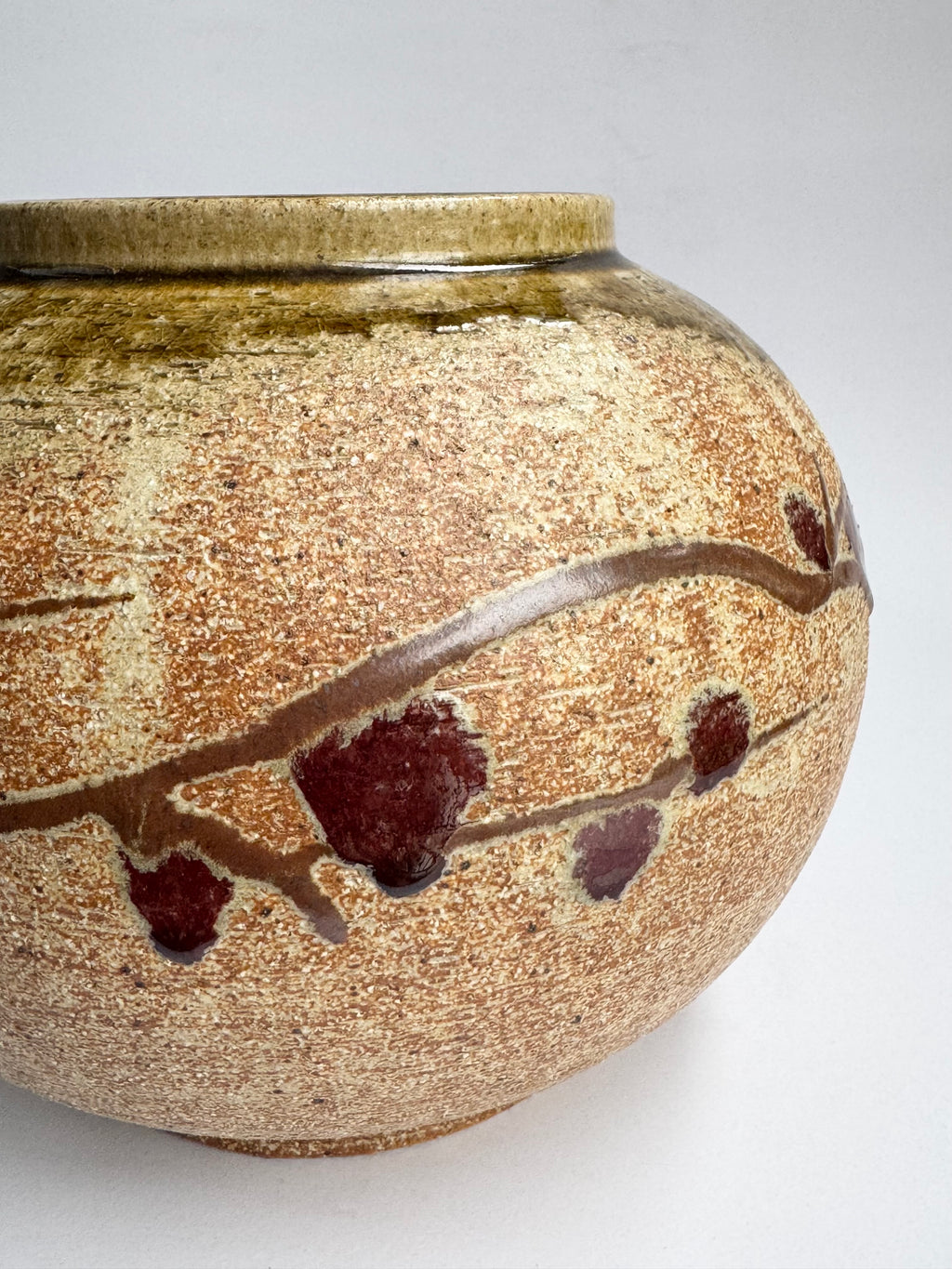 Japanese Rustic Stoneware Vase with Yellow-Pink Glaze & Red Plum Blossoms