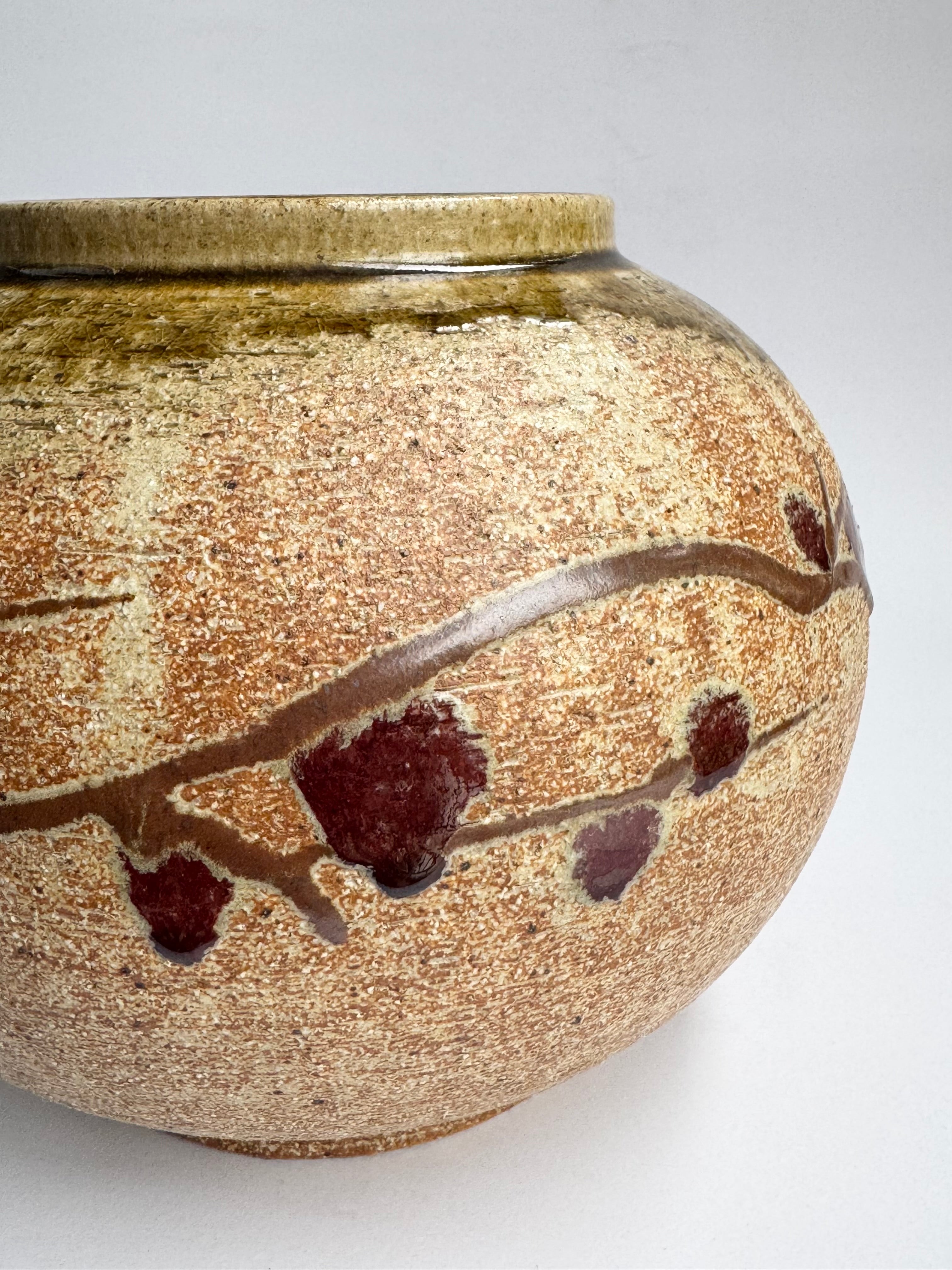 Japanese Rustic Stoneware Vase with Yellow-Pink Glaze & Red Plum Blossoms