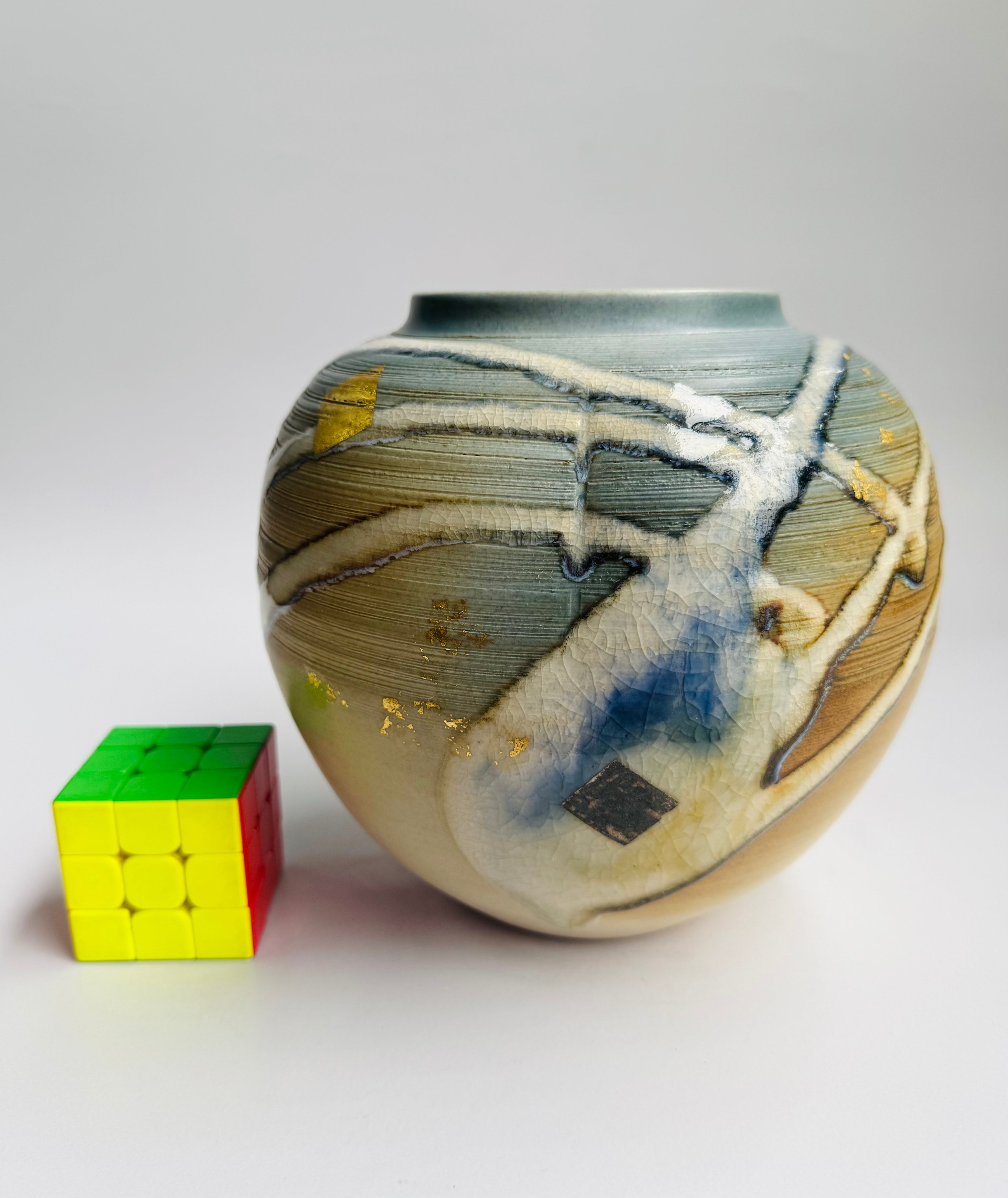 Kyoto “Flow” Vase in the Style of Masafumi Fujiwara | Crackle Glaze & River Motifs