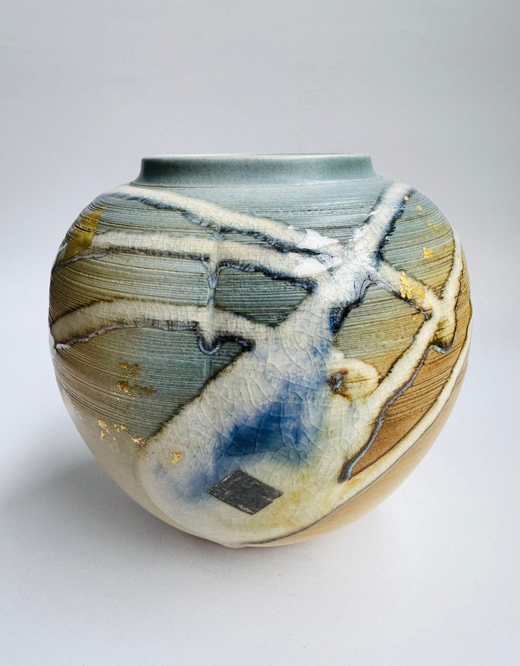 Kyoto “Flow” Vase in the Style of Masafumi Fujiwara | Crackle Glaze & River Motifs