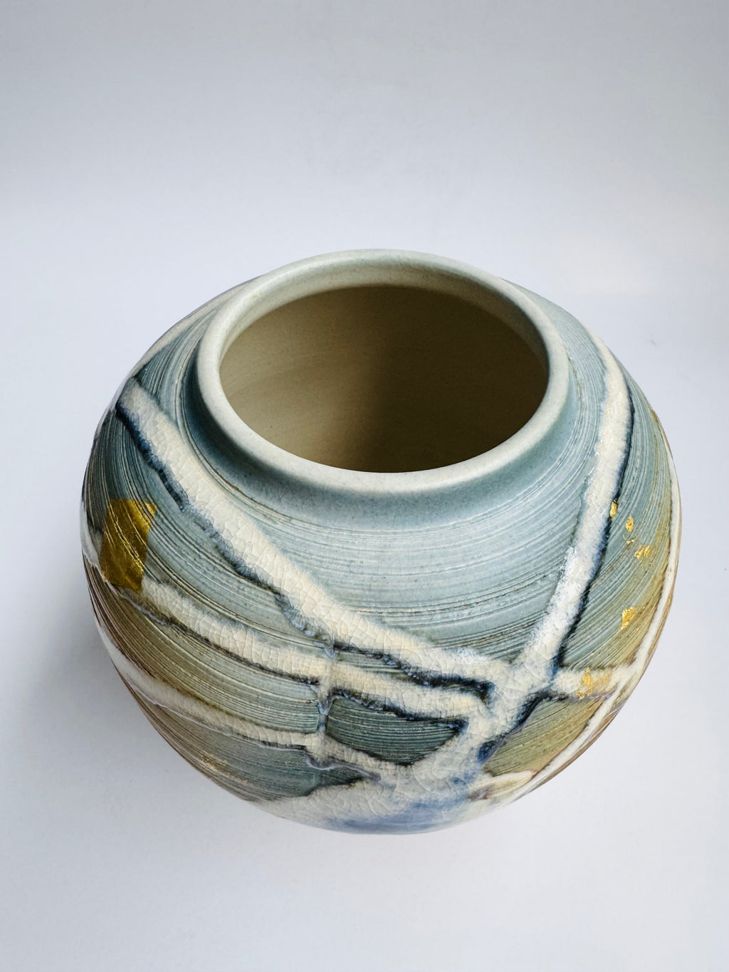 Kyoto “Flow” Vase in the Style of Masafumi Fujiwara | Crackle Glaze & River Motifs