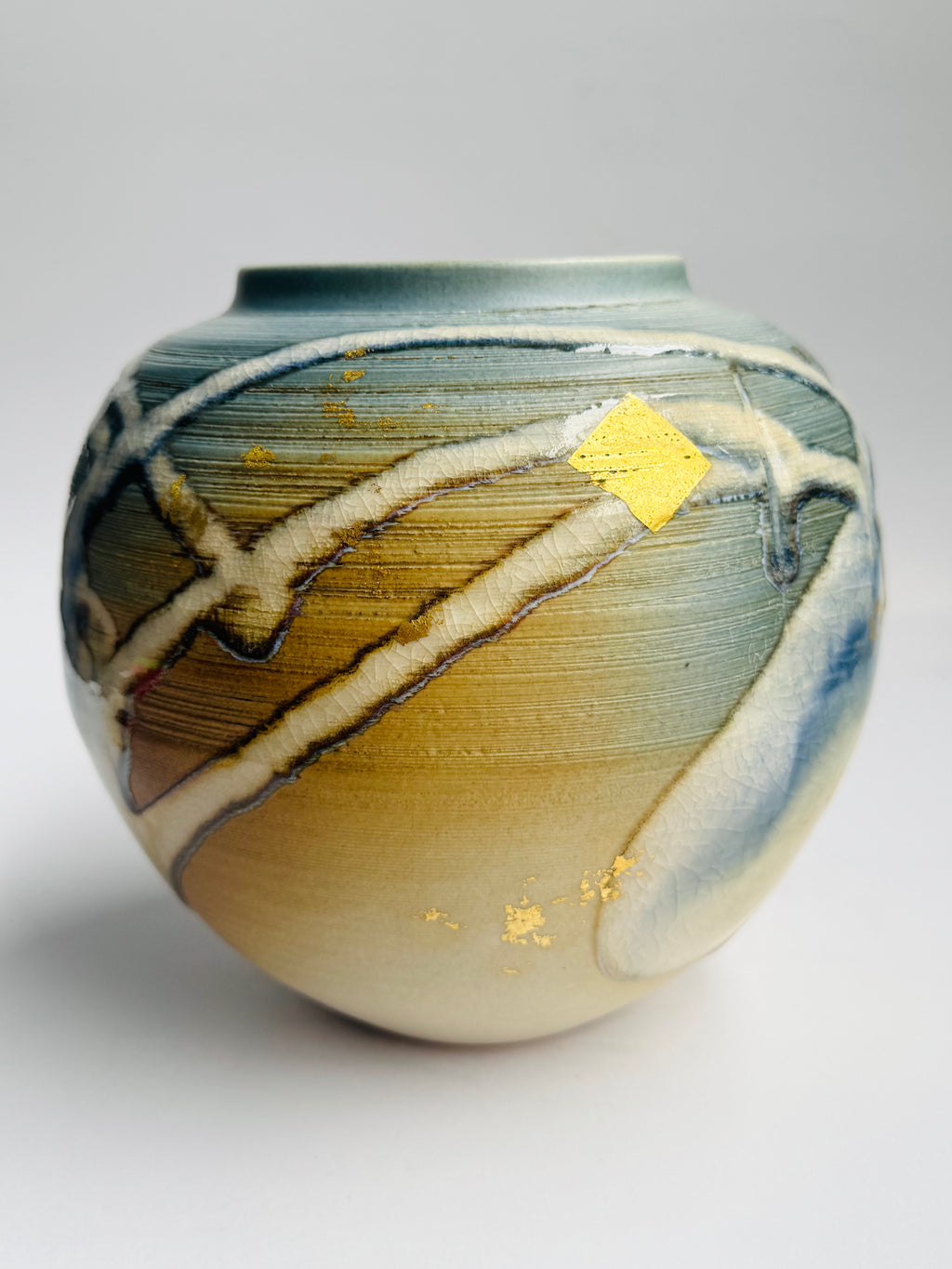 Kyoto “Flow” Vase in the Style of Masafumi Fujiwara | Crackle Glaze & River Motifs