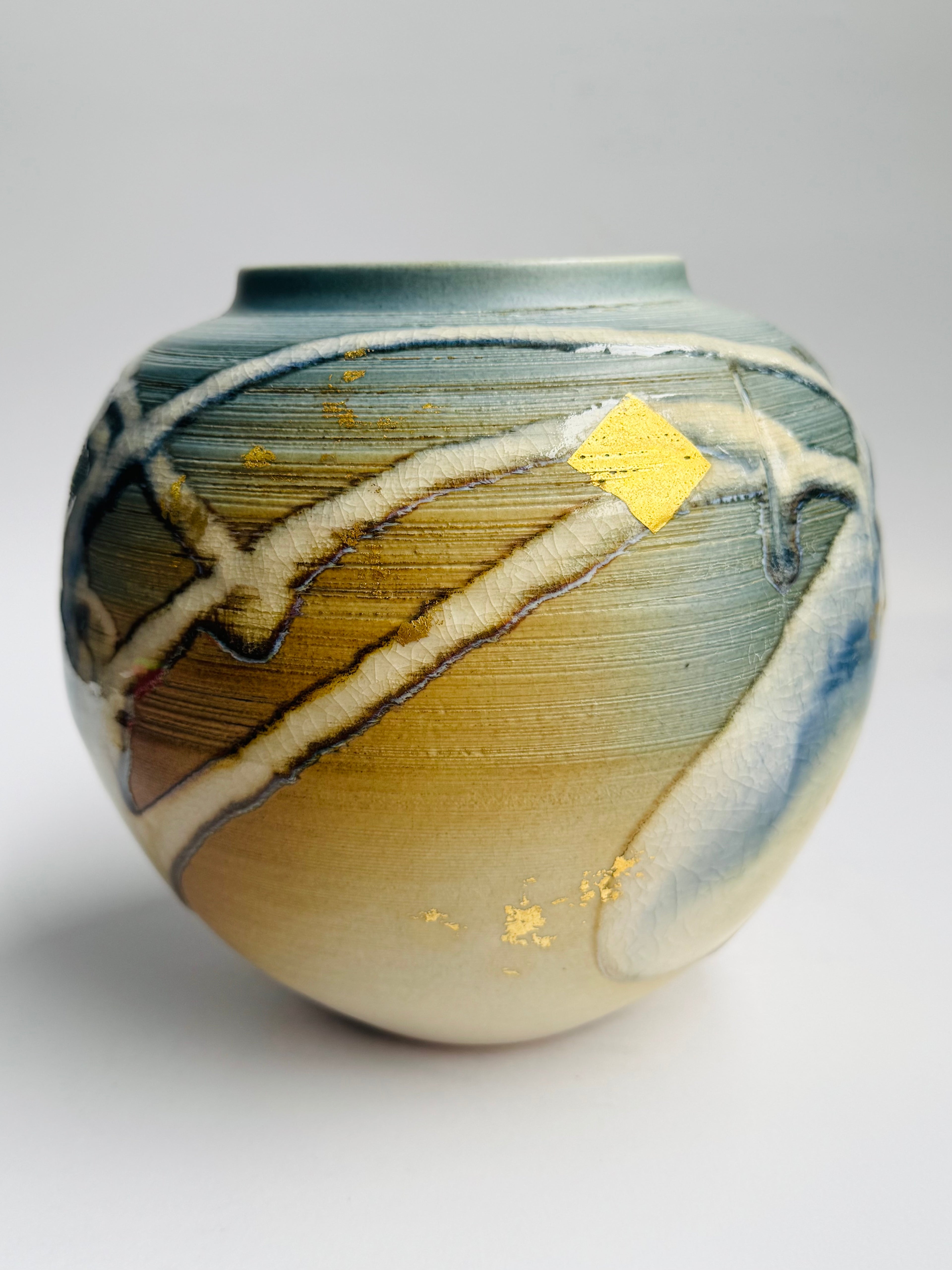 Kyoto “Flow” Vase in the Style of Masafumi Fujiwara | Crackle Glaze & River Motifs