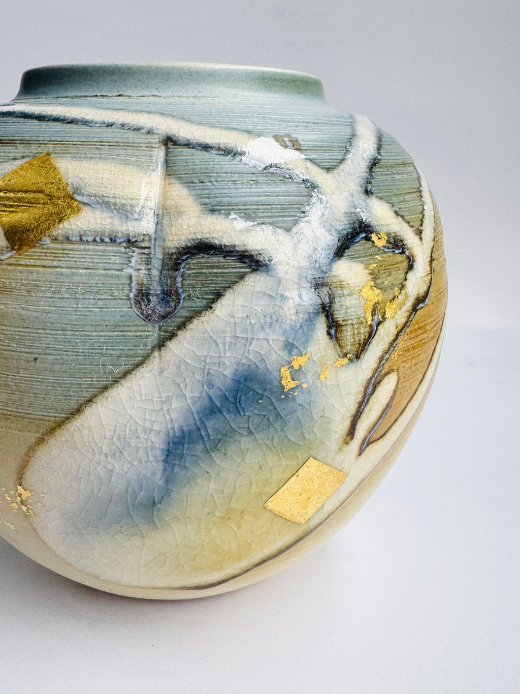 Kyoto “Flow” Vase in the Style of Masafumi Fujiwara | Crackle Glaze & River Motifs