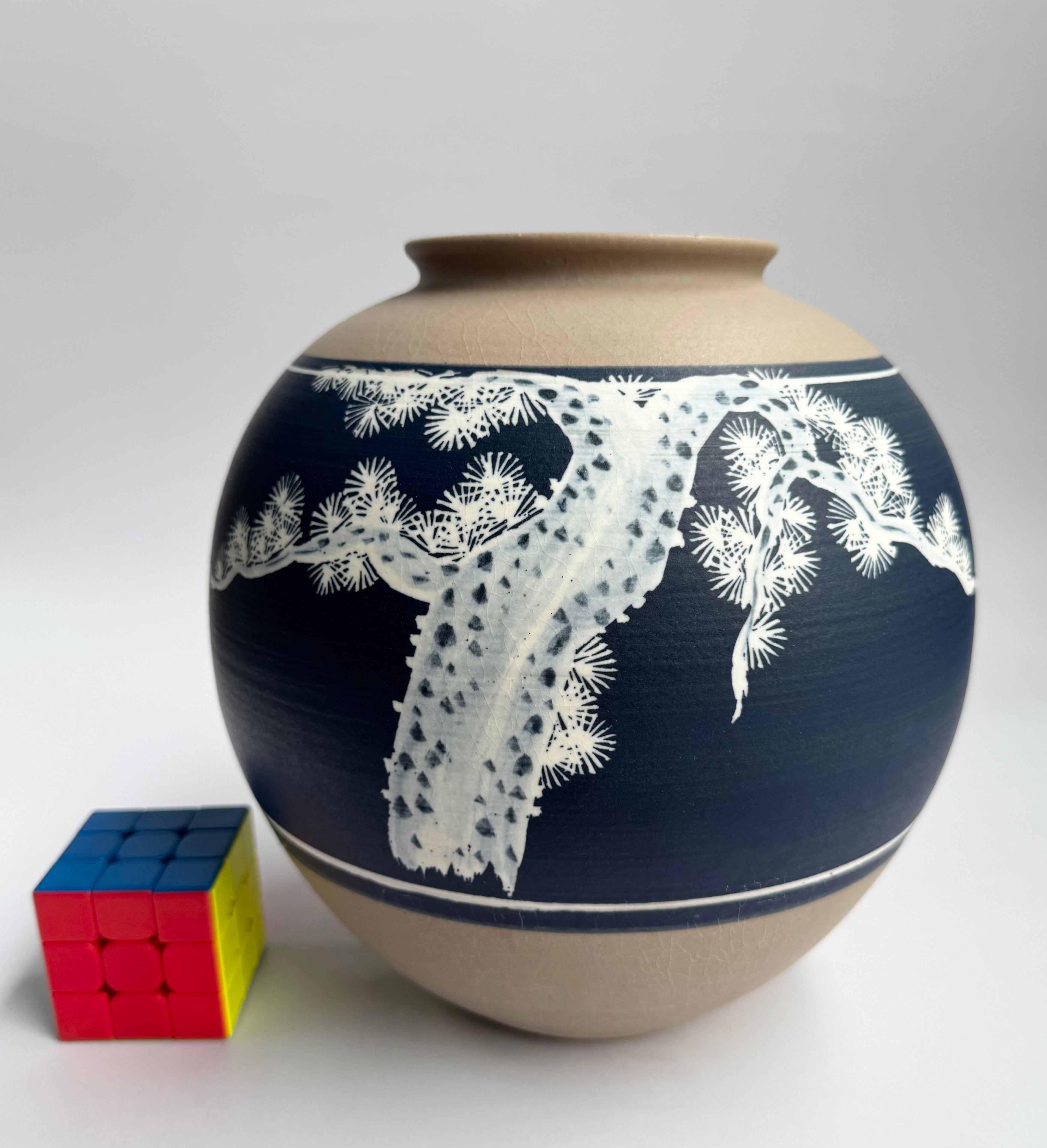 Japanese Stoneware Vase with Hand-Painted Pine Tree on Navy Glaze