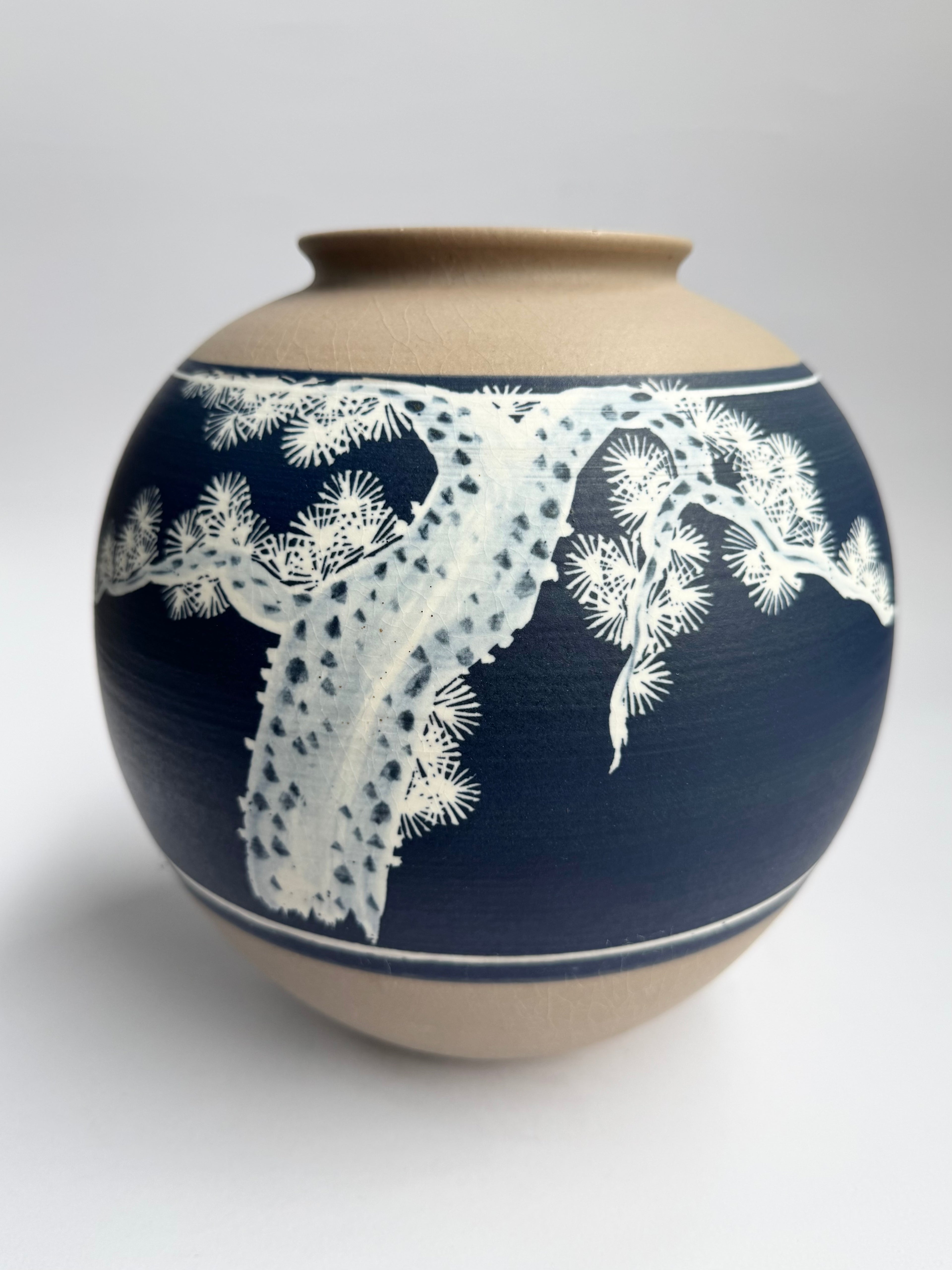 Japanese Stoneware Vase with Hand-Painted Pine Tree on Navy Glaze