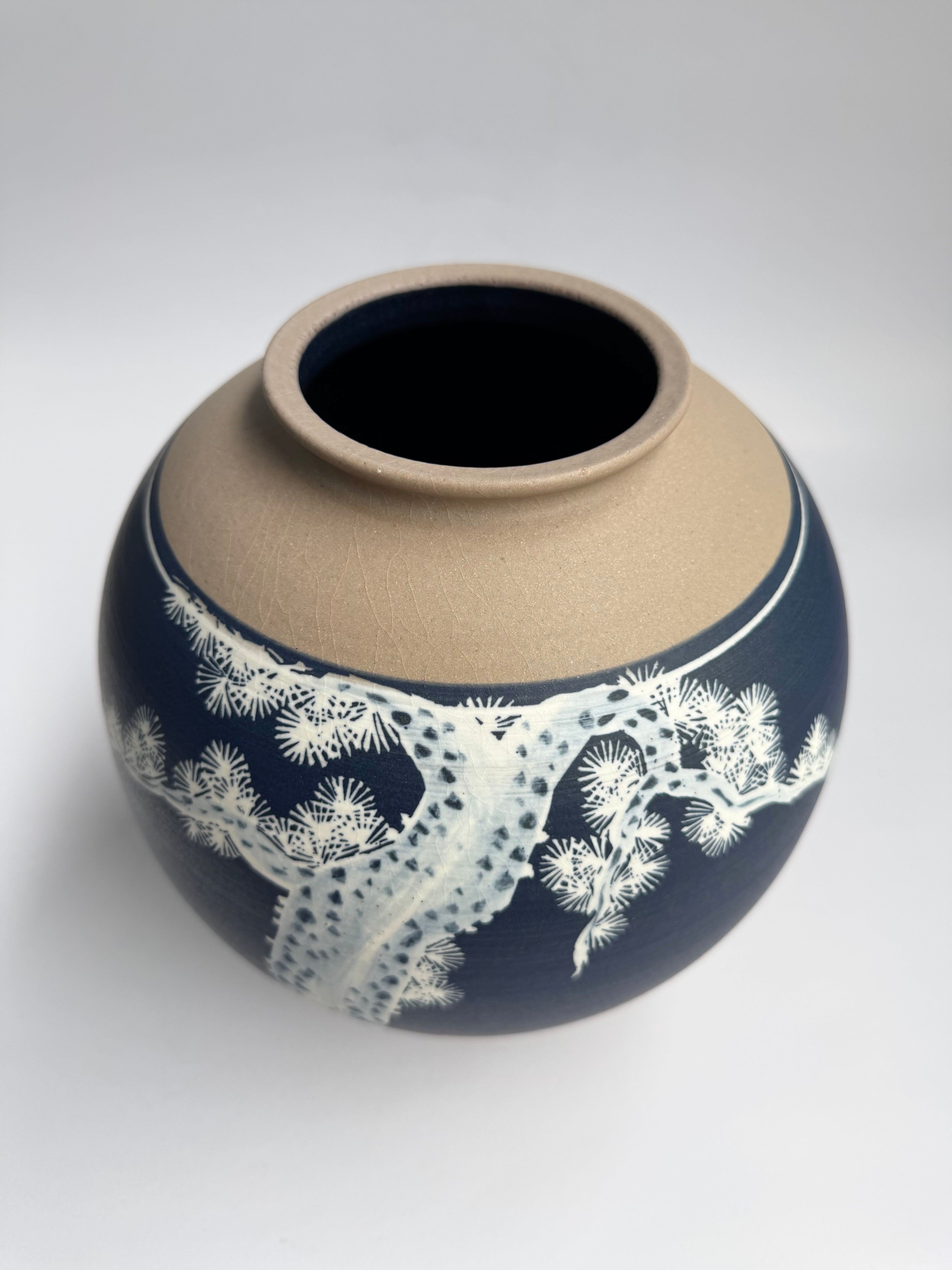 Japanese Stoneware Vase with Hand-Painted Pine Tree on Navy Glaze
