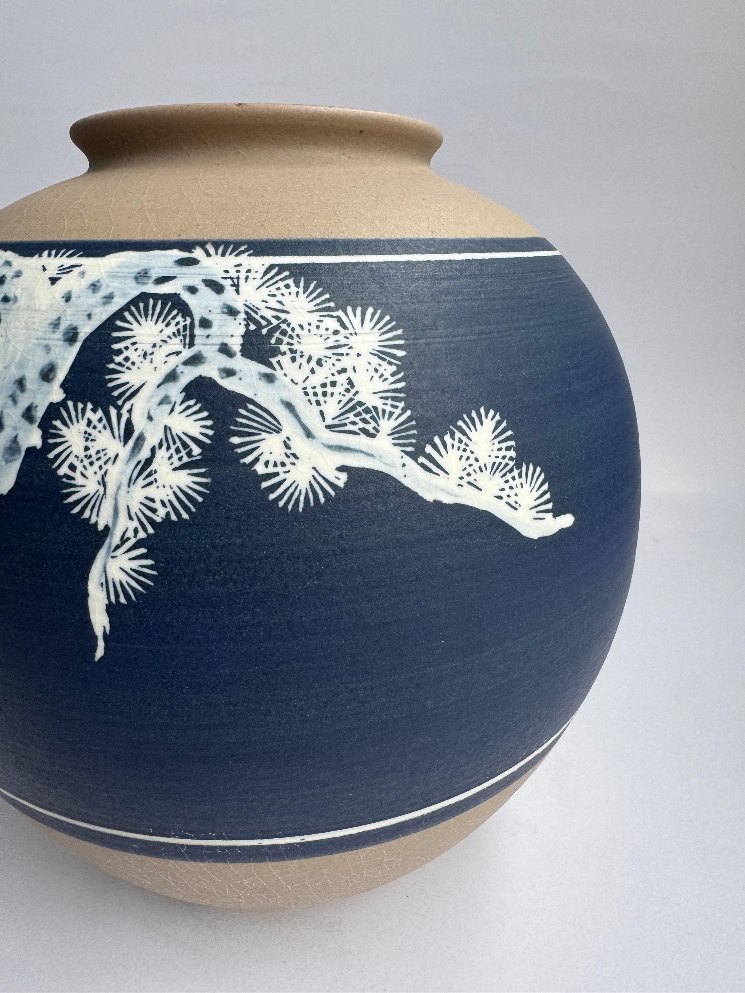 Japanese Stoneware Vase with Hand-Painted Pine Tree on Navy Glaze