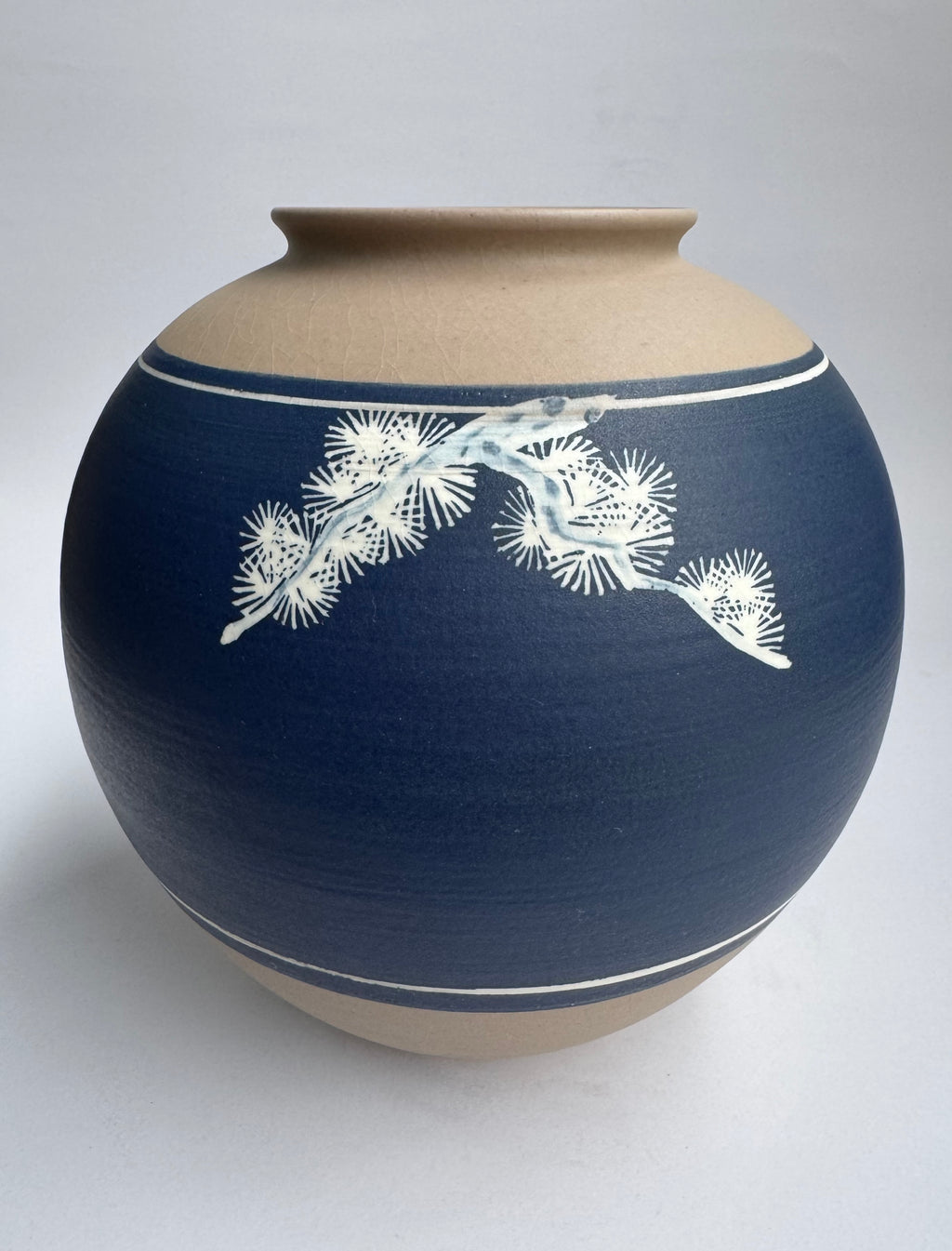 Japanese Stoneware Vase with Hand-Painted Pine Tree on Navy Glaze