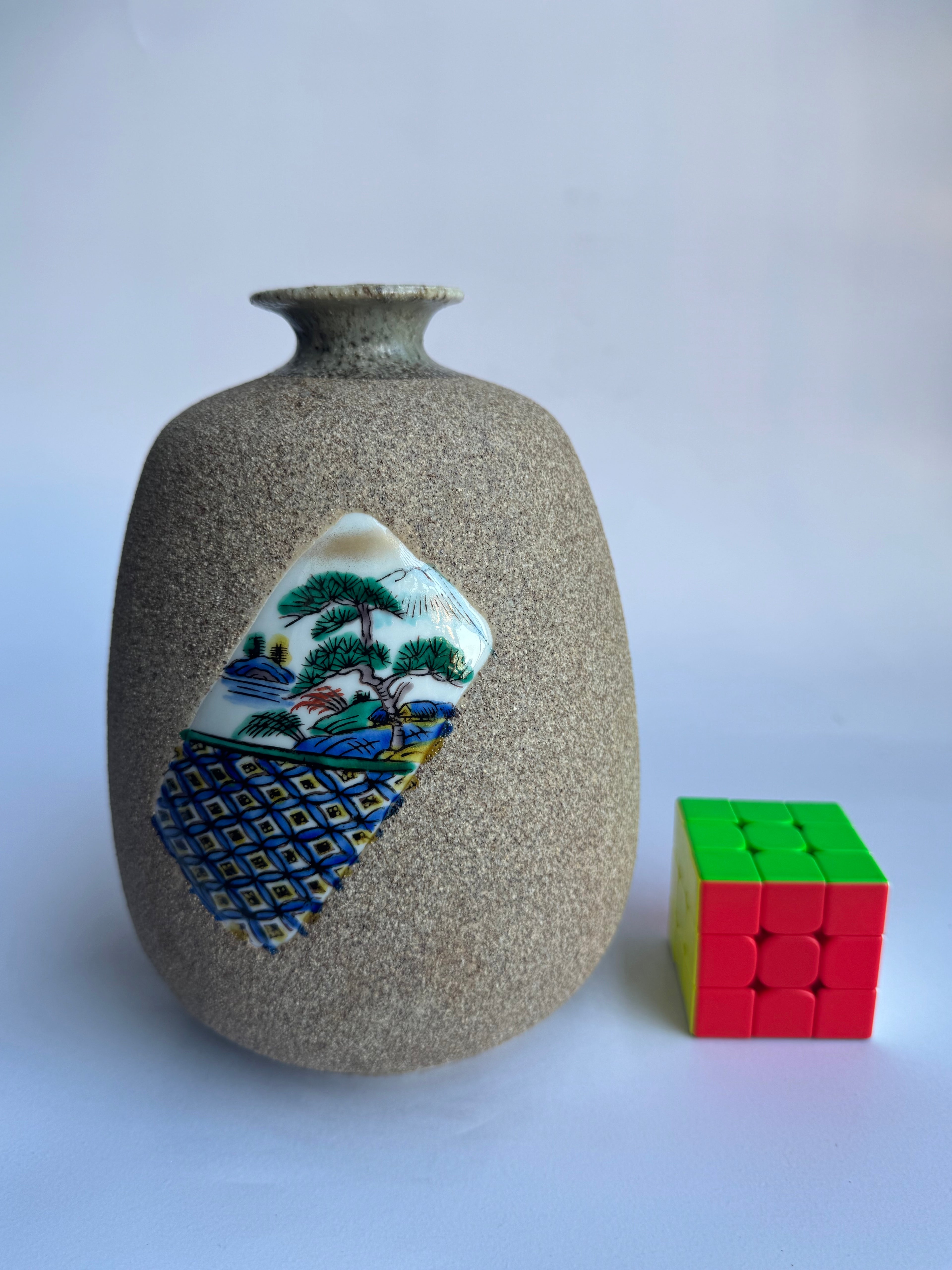 Japanese Rustic Stoneware Vase with Blue Glazed Scenic Panel - Textured Brown Clay -Vintage Japan