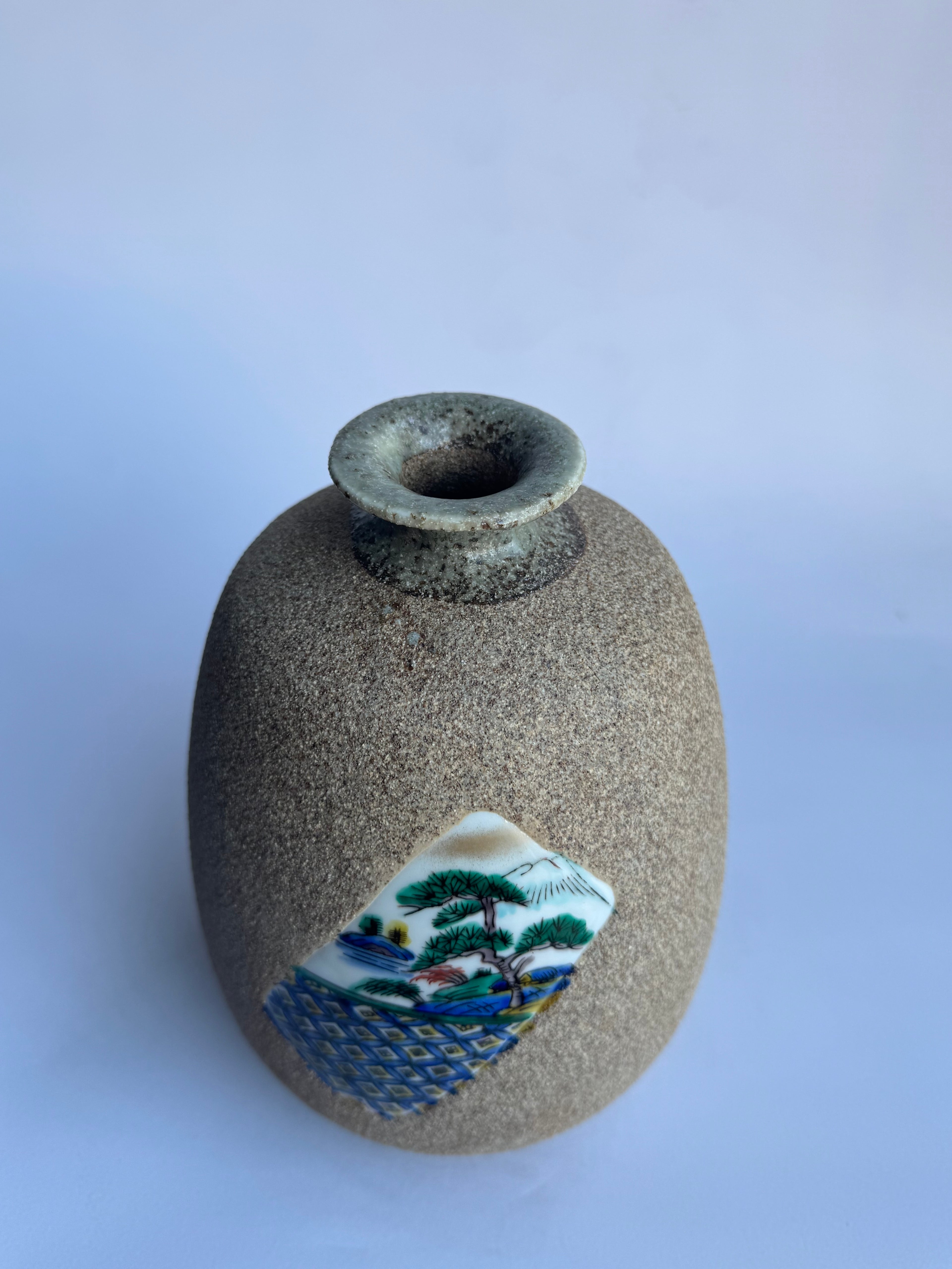 Japanese Rustic Stoneware Vase with Blue Glazed Scenic Panel - Textured Brown Clay -Vintage Japan