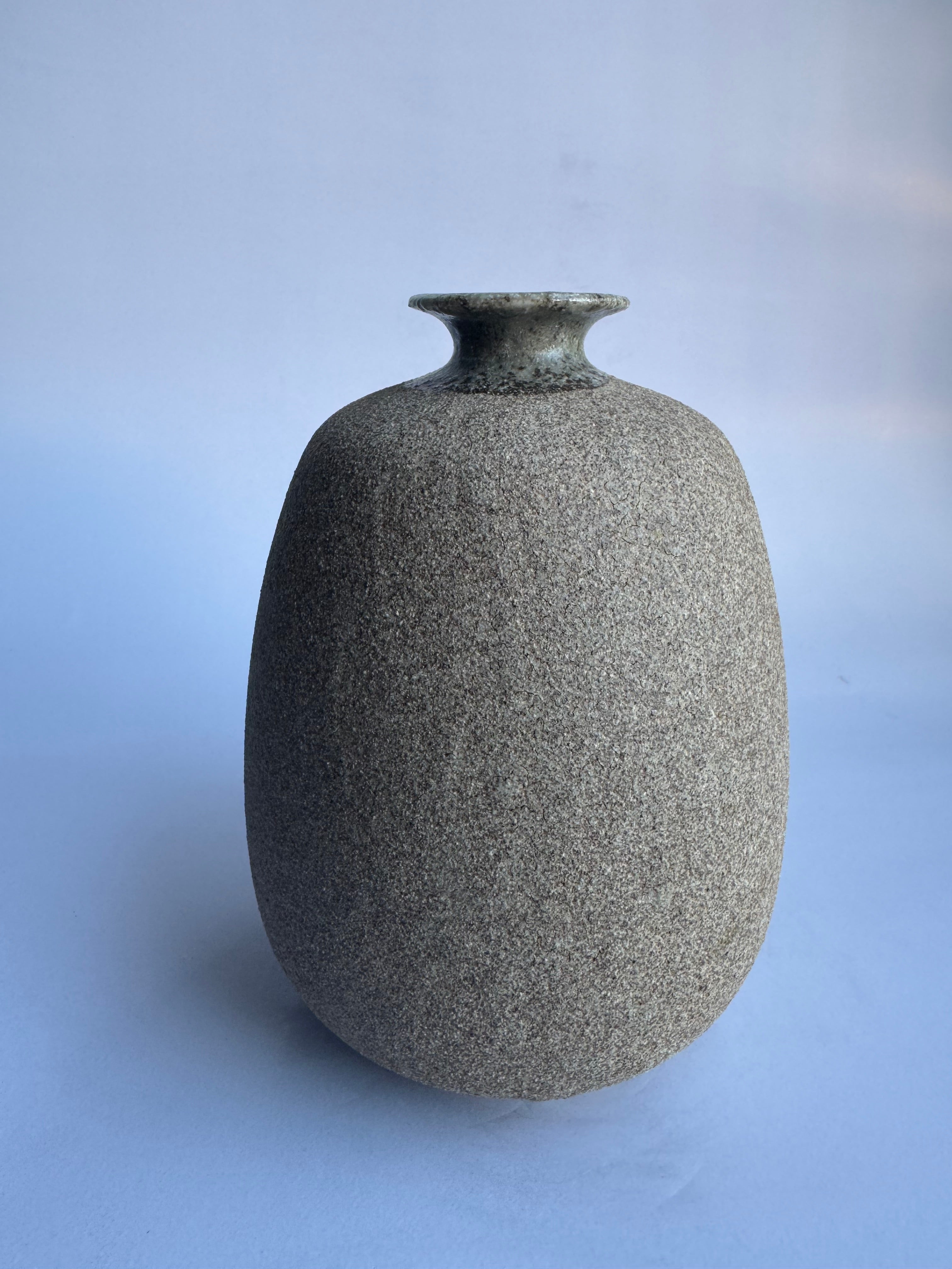 Japanese Rustic Stoneware Vase with Blue Glazed Scenic Panel - Textured Brown Clay -Vintage Japan