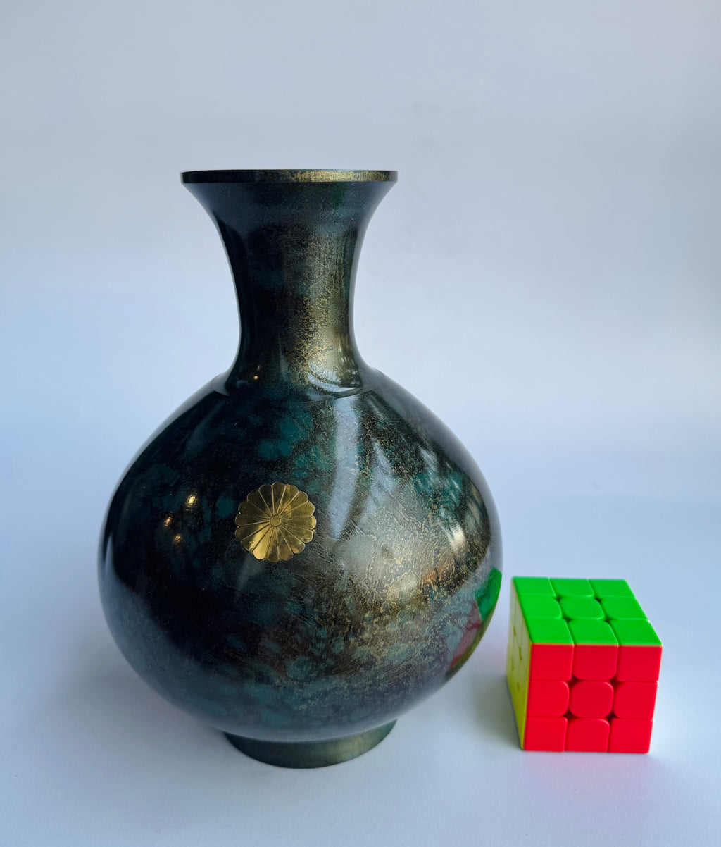 Japanese Blue-Green Bronze Vase with Gold Chrysanthemum Crest – Classic Traditional Shape – Vintage Japan