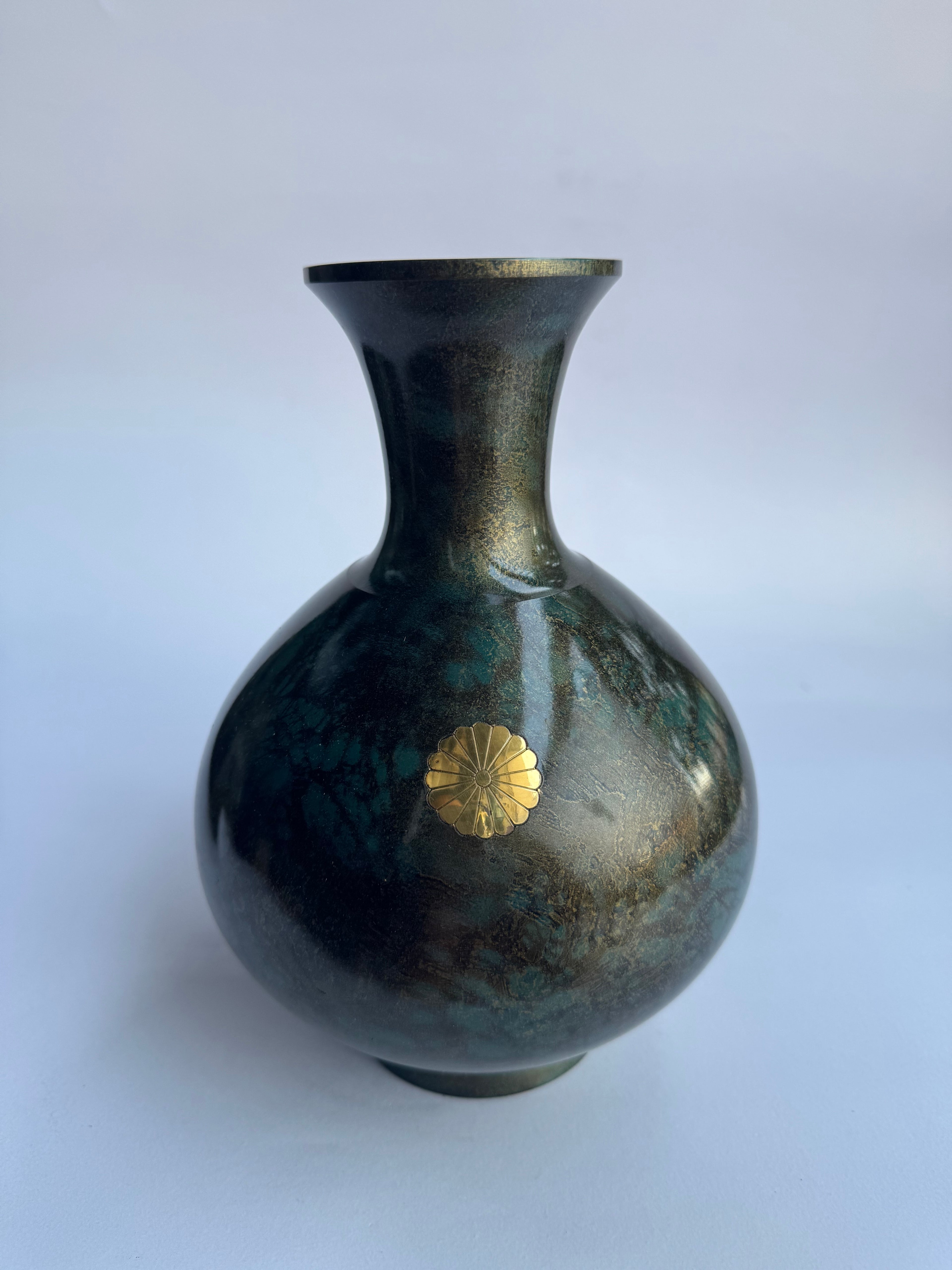 Japanese Blue-Green Bronze Vase with Gold Chrysanthemum Crest