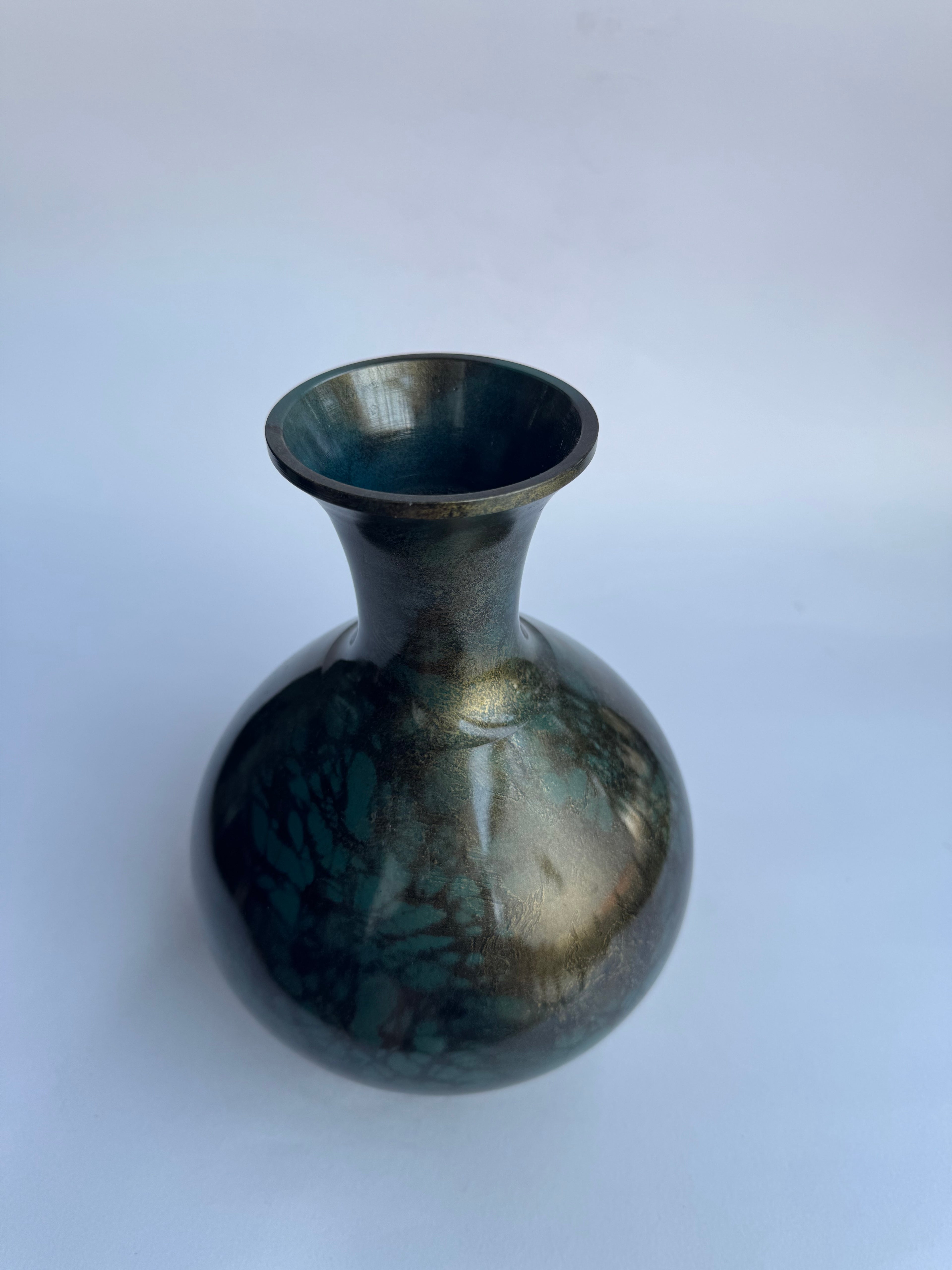 Japanese Blue-Green Bronze Vase with Gold Chrysanthemum Crest – Classic Traditional Shape – Vintage Japan