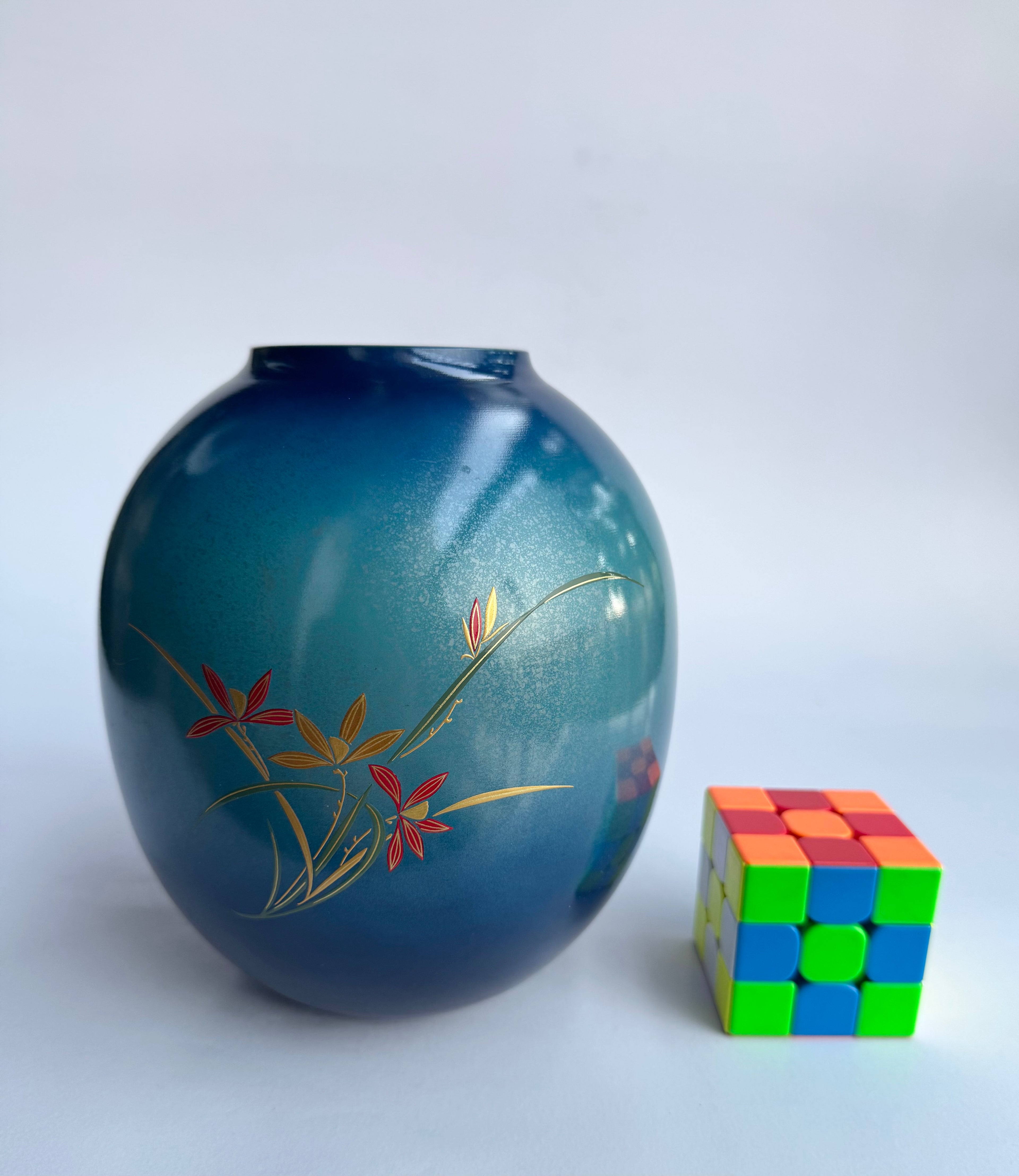 Japanese Bronze-Style Blue Glaze Vase with Hand-Painted Floral Motif – Vintage Japan Art