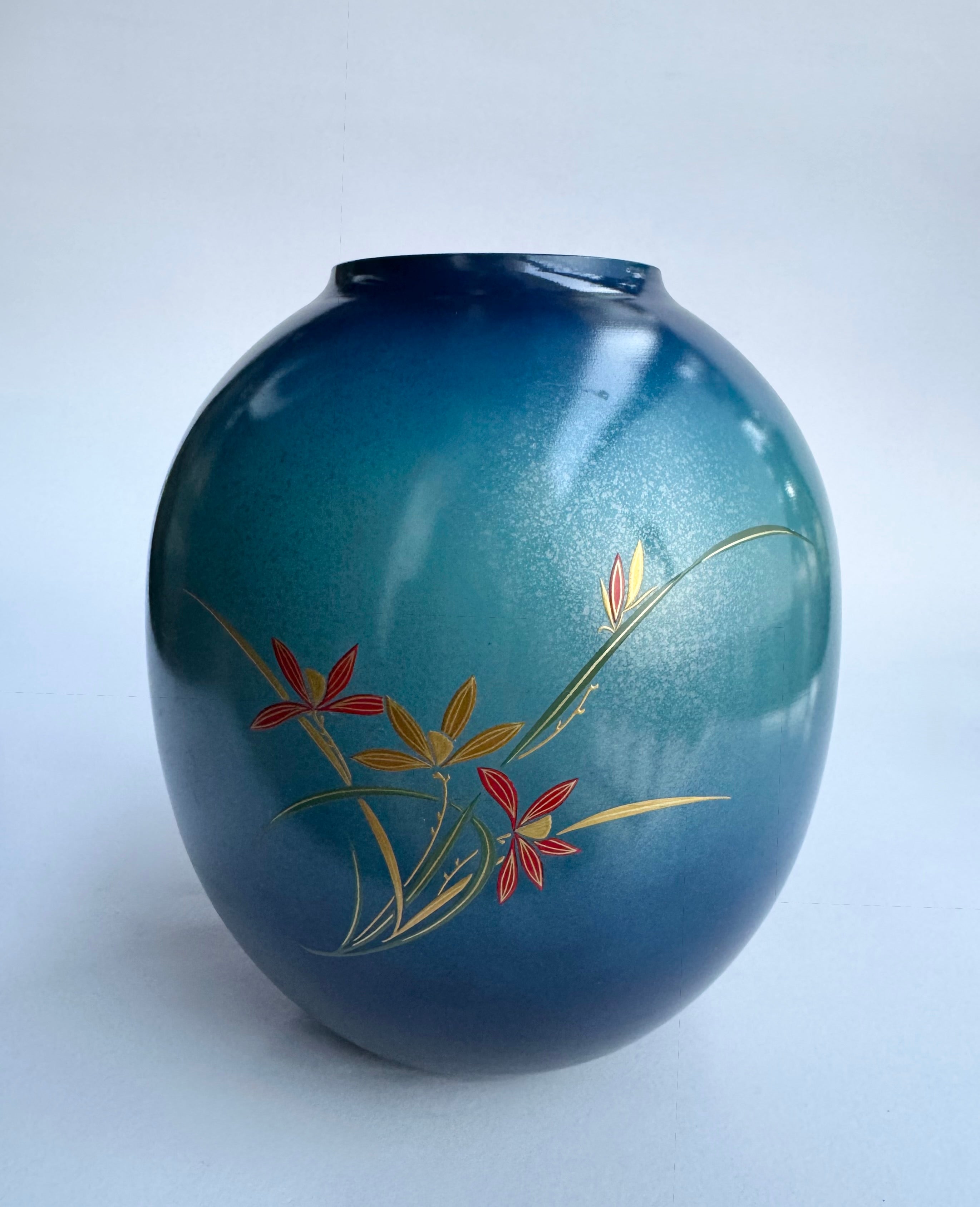 Japanese Bronze-Style Blue Glaze Vase with Hand-Painted Floral Motif 