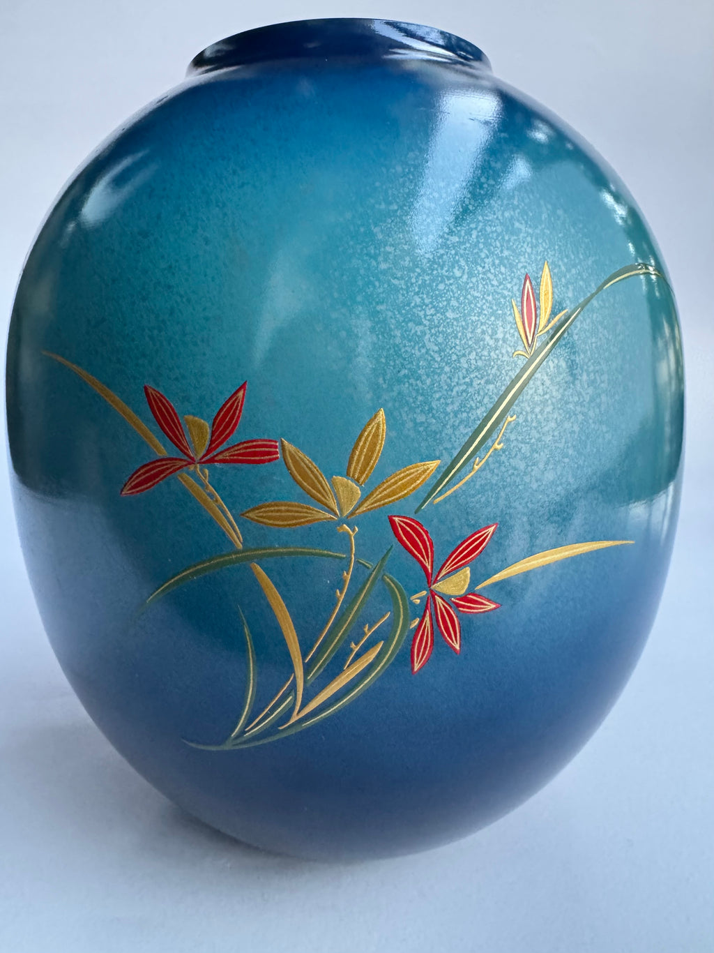 Japanese Bronze-Style Blue Glaze Vase with Hand-Painted Floral Motif – Vintage Japan Art