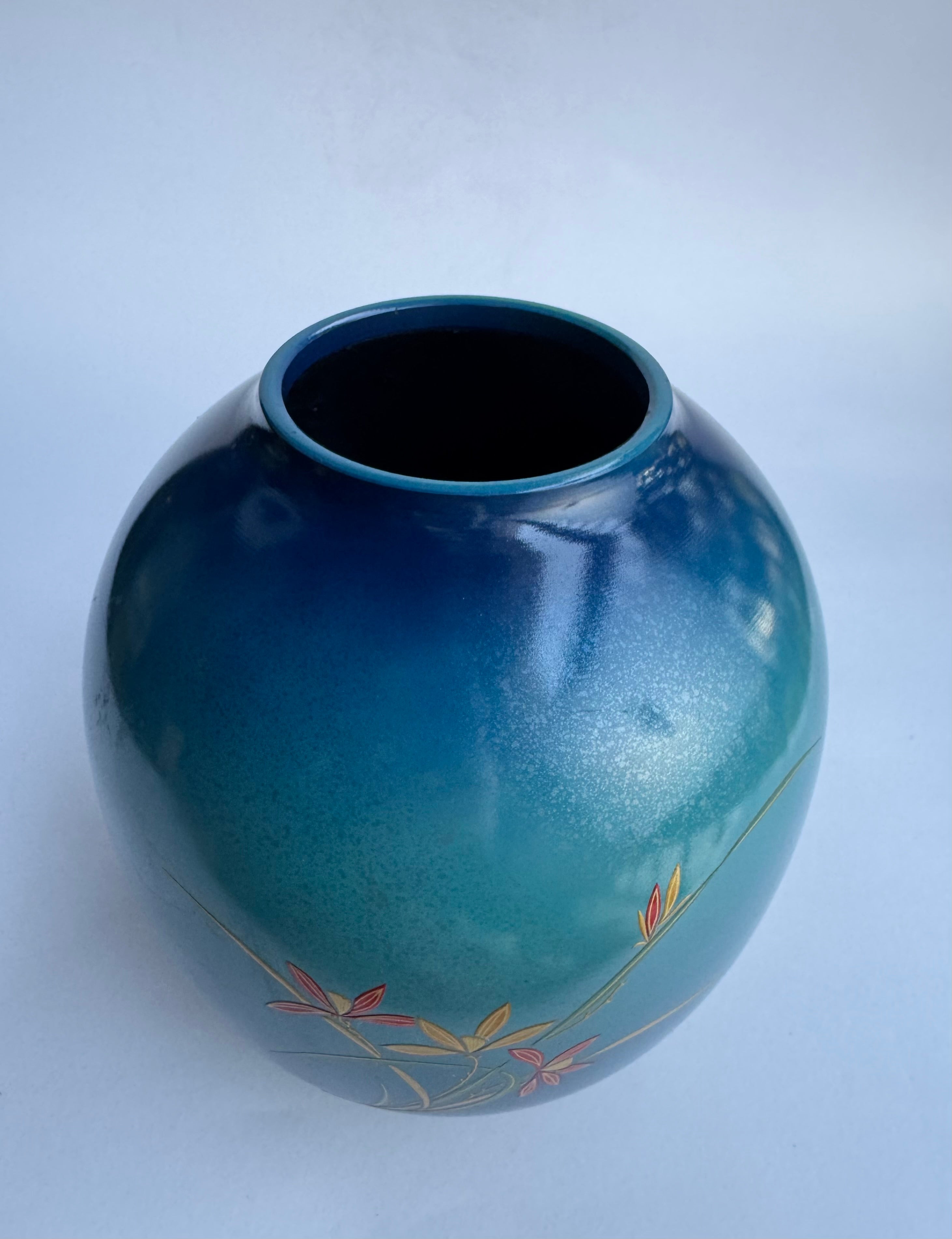 Japanese Bronze-Style Blue Glaze Vase with Hand-Painted Floral Motif – Vintage Japan Art
