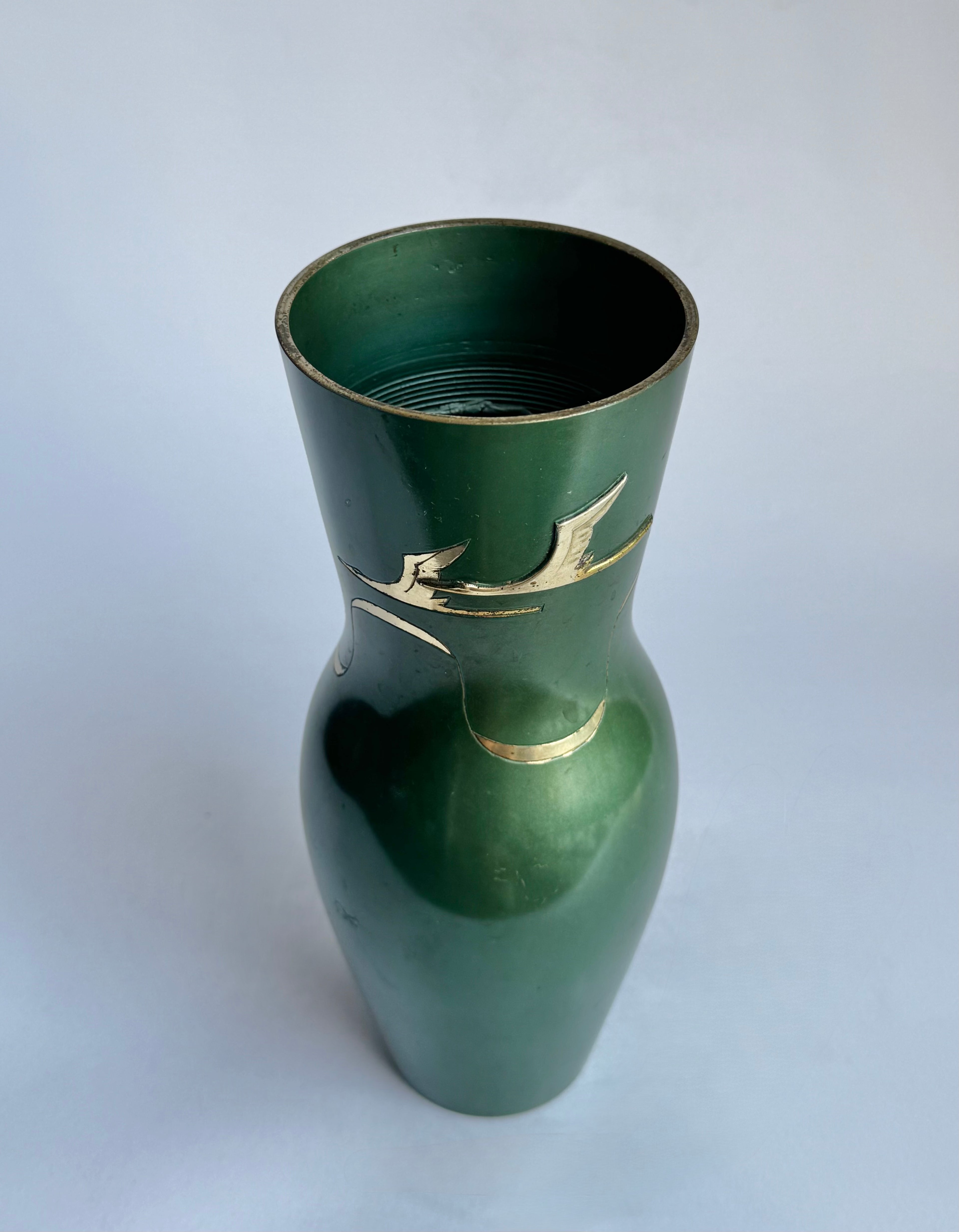 Vintage Japanese Bronze Vase with Crane Motif – Green Patina Finish