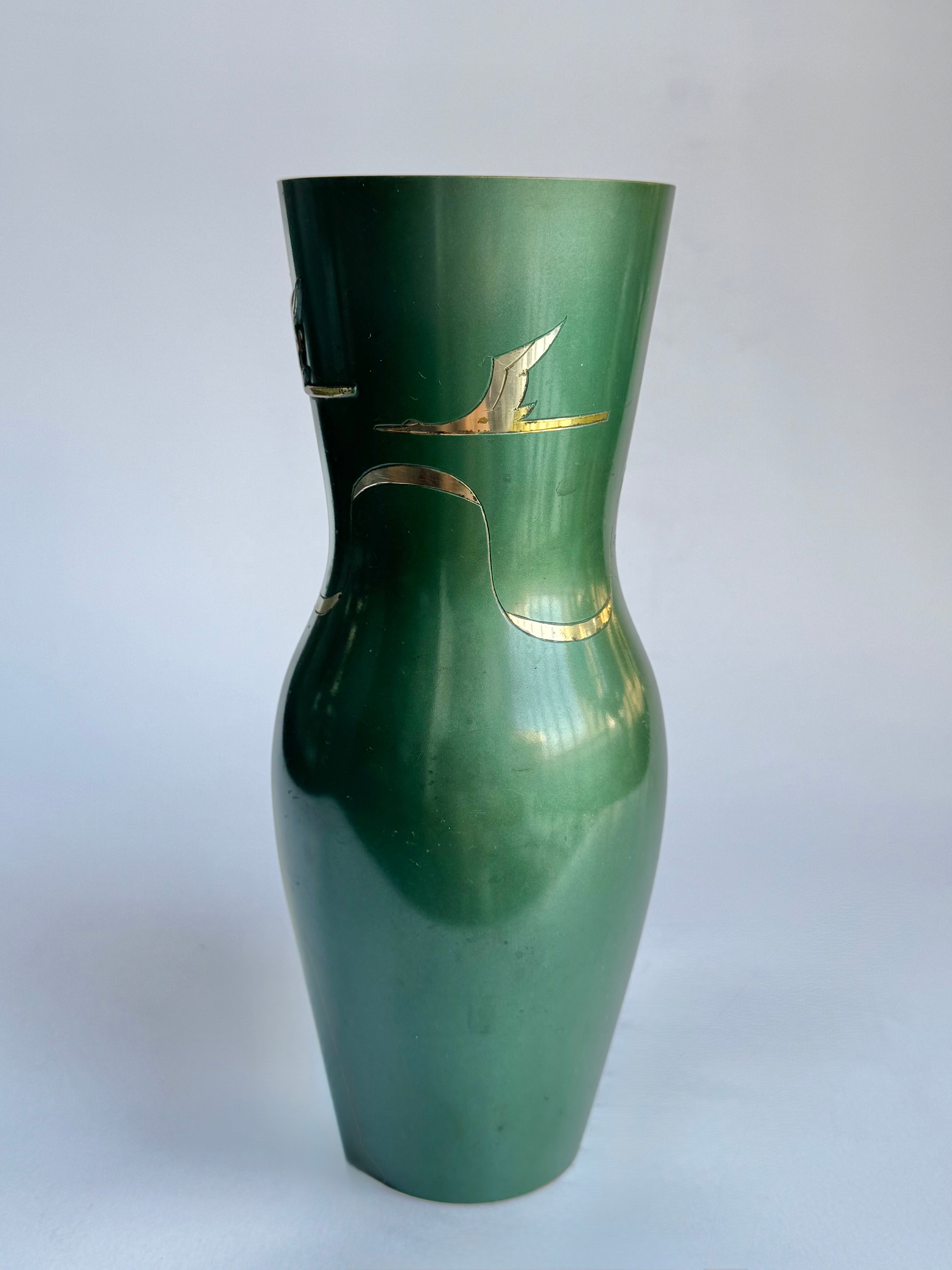 Vintage Japanese Bronze Vase with Crane Motif – Green Patina Finish
