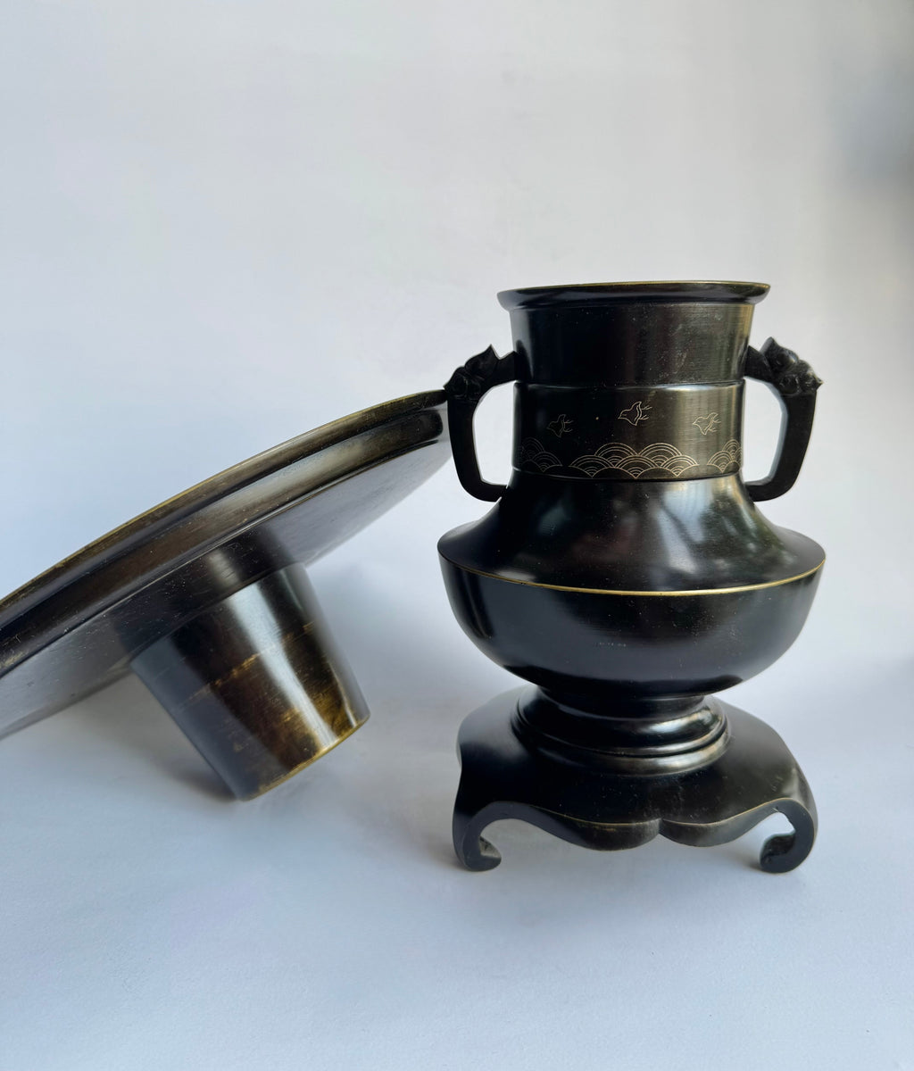 Vintage Japanese Bronze Ikebana Vase with Stand