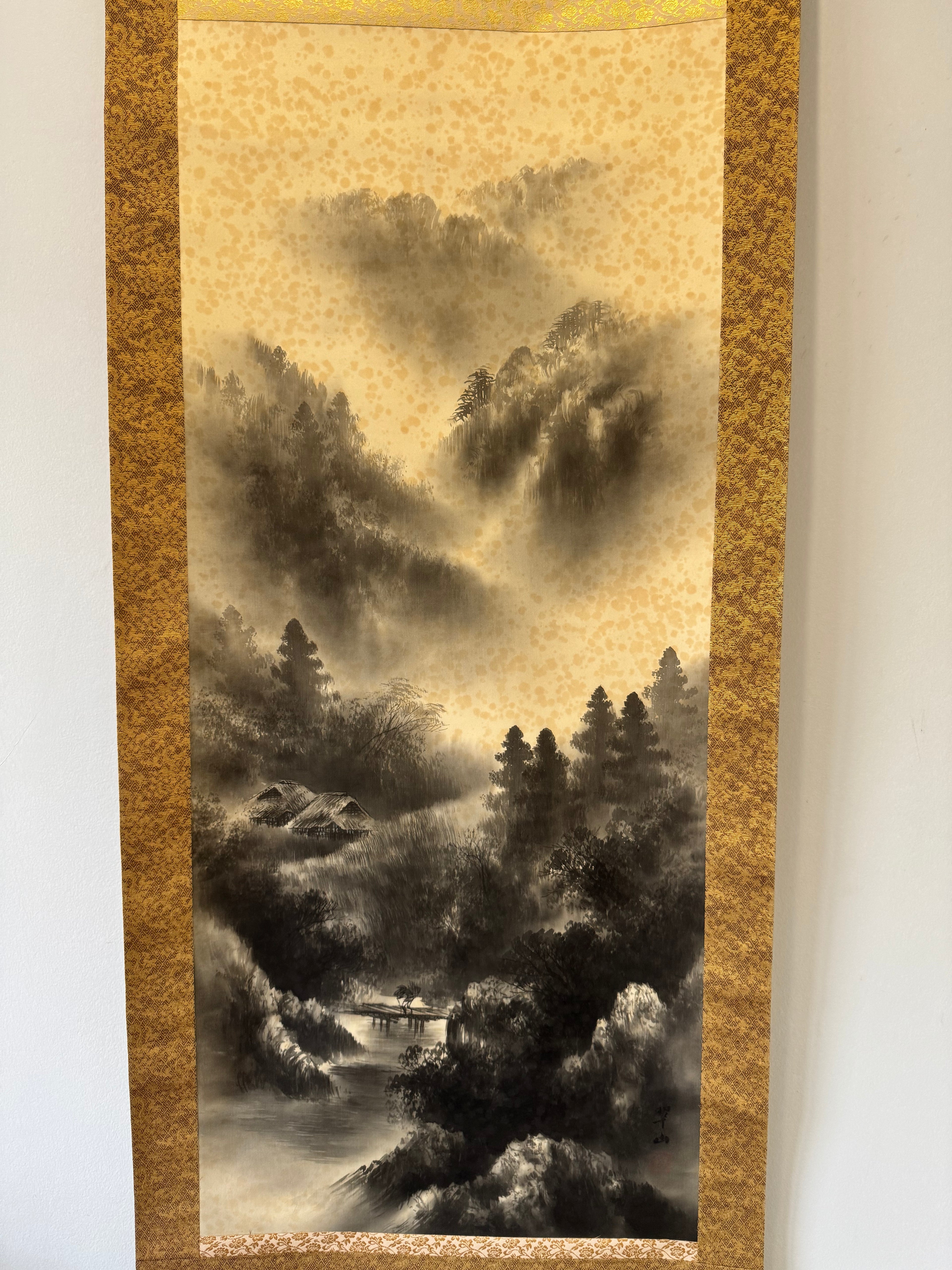 Japanese Sumi-e Landscape Kakemono • Mountain & River Ink Painting Scroll
