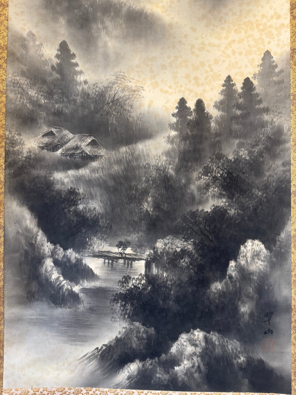 Japanese Sumi-e Landscape Kakemono • Mountain & River Ink Painting Scroll