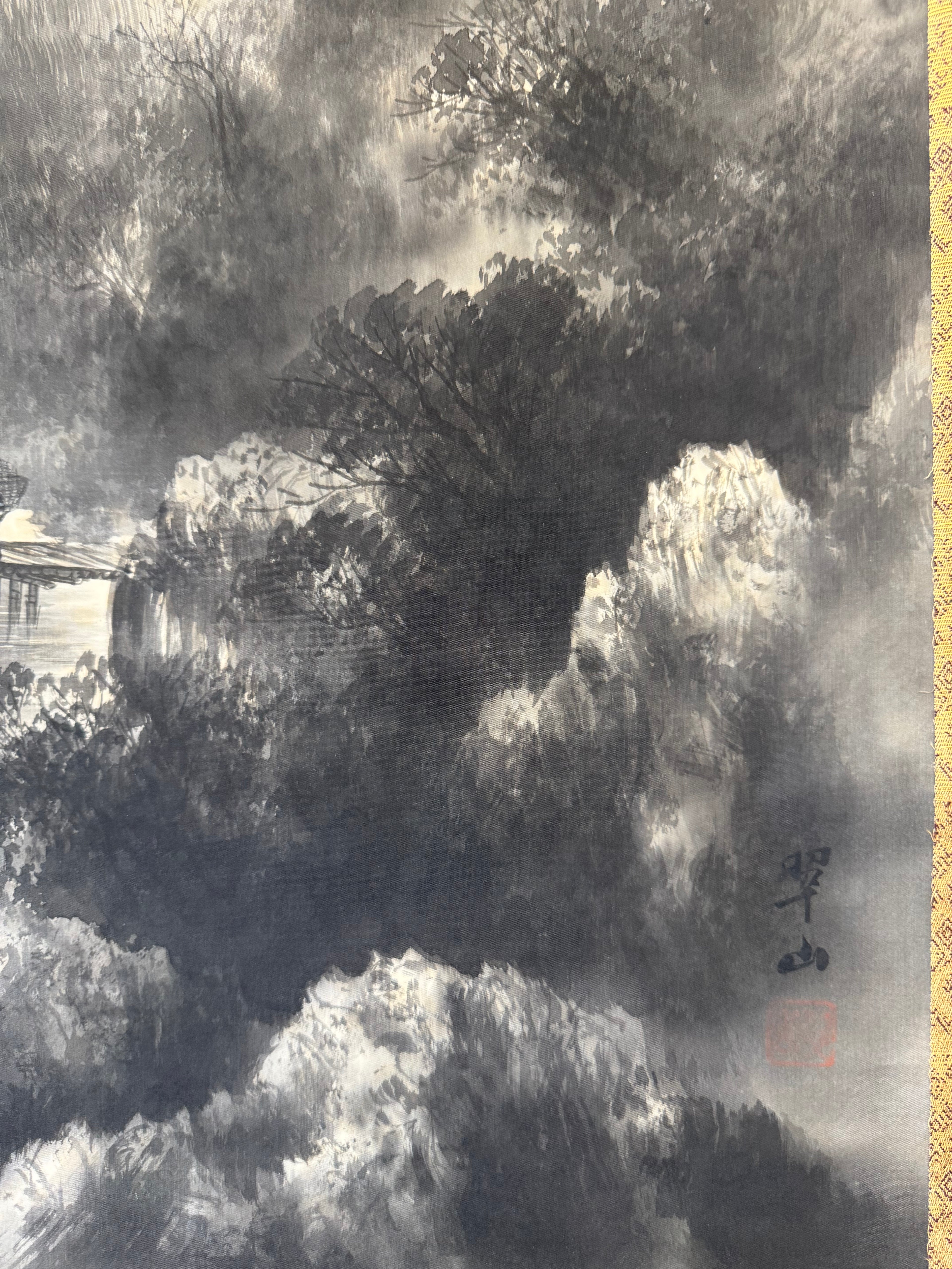 Japanese Sumi-e Landscape Kakemono • Mountain & River Ink Painting Scroll