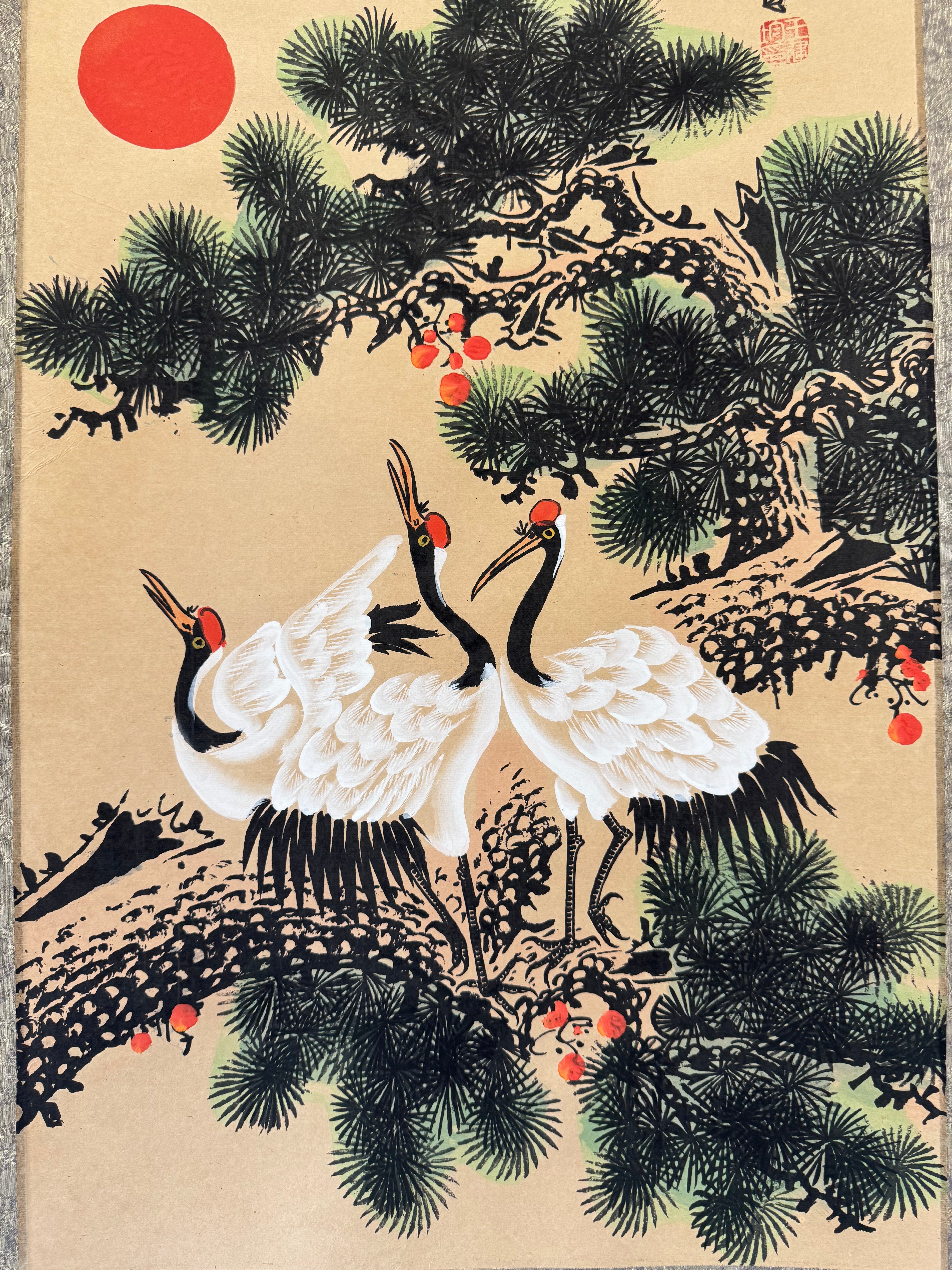 Japanese Crane & Pine Kakemono • Traditional Ink Painting Scroll