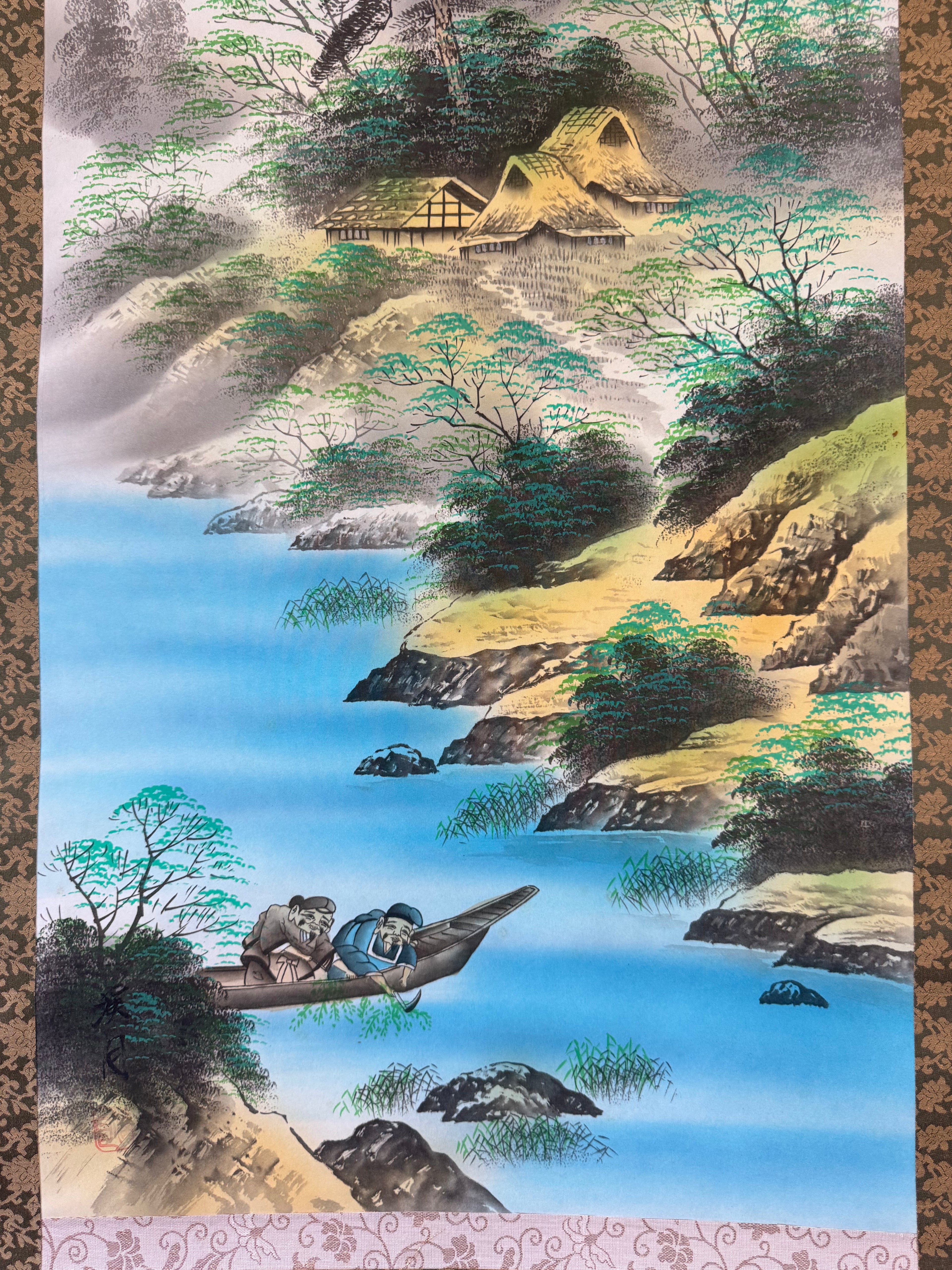 Japanese Blue Landscape Kakemono • Printed Mountain & River Scroll Japanese Blue Landscape Kakemono • Printed Mountain & River Scroll