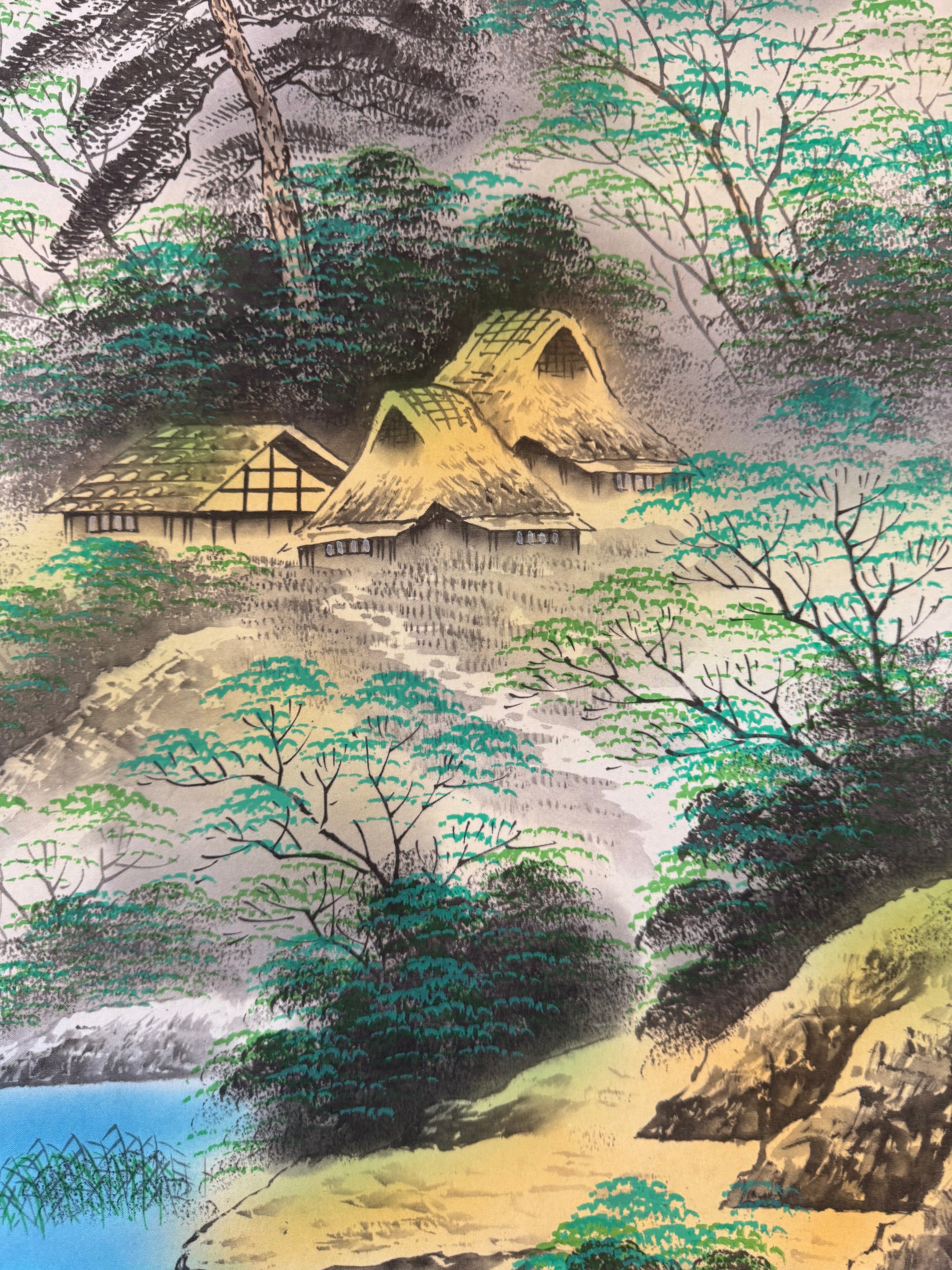 Japanese Blue Landscape Kakemono • Printed Mountain & River Scroll