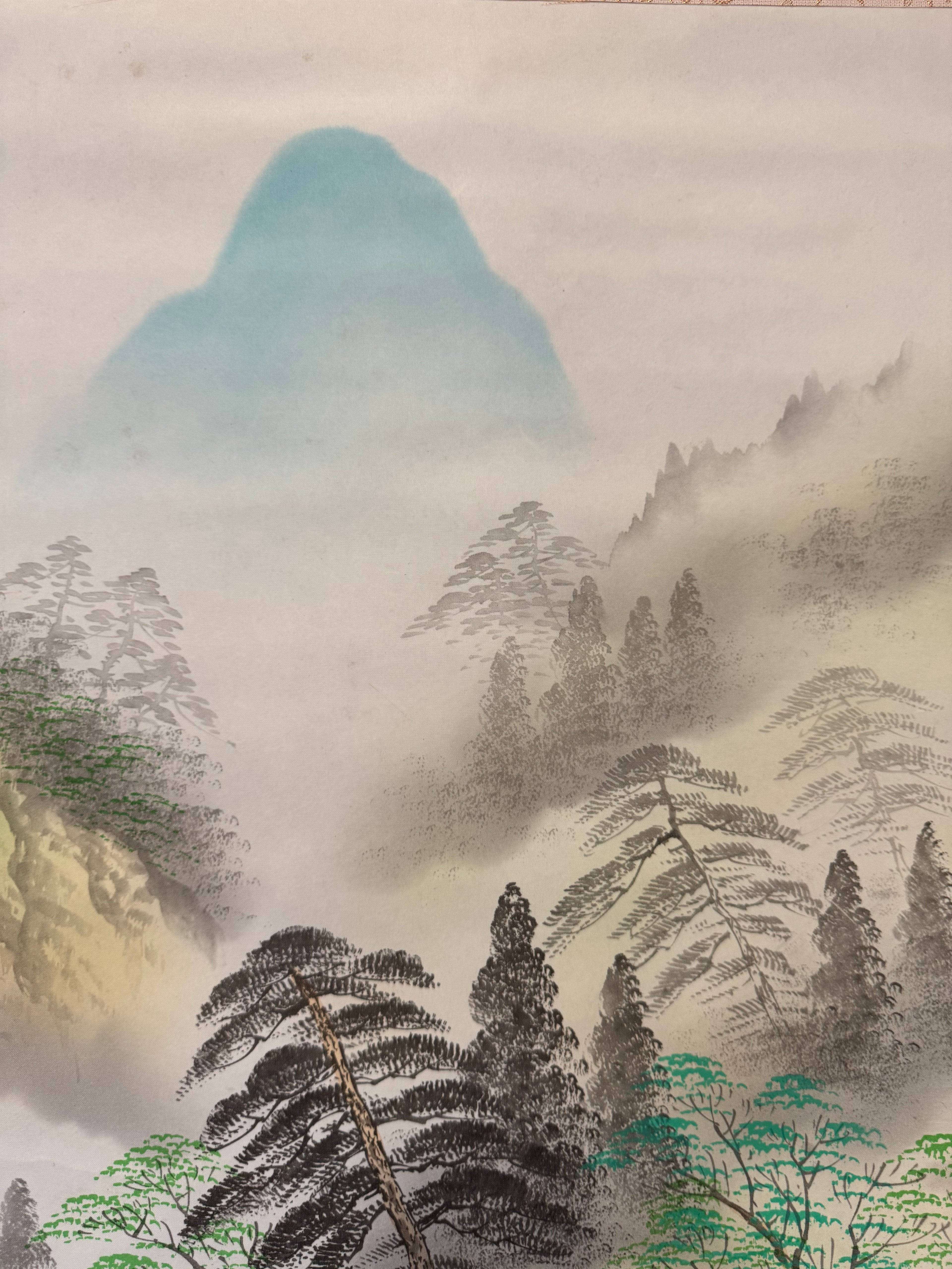 Japanese Blue Landscape Kakemono • Printed Mountain & River Scroll