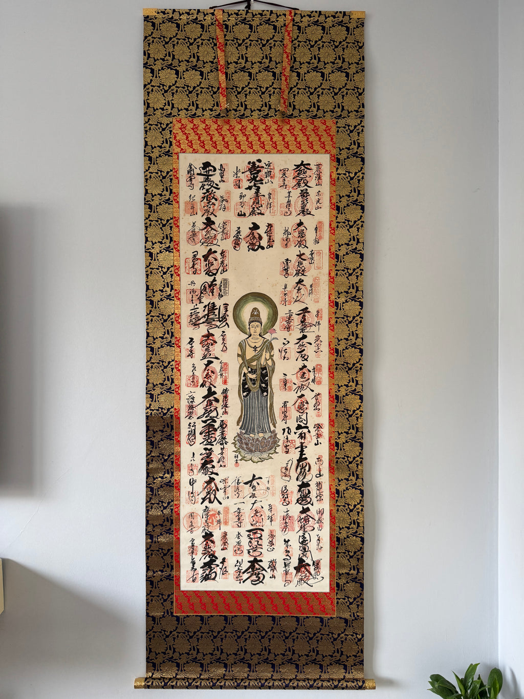 Japanese Kannon Bodhisattva Kakemono • Pilgrimage Temple Stamp Scroll - Traditional Buddhist Devotion Art