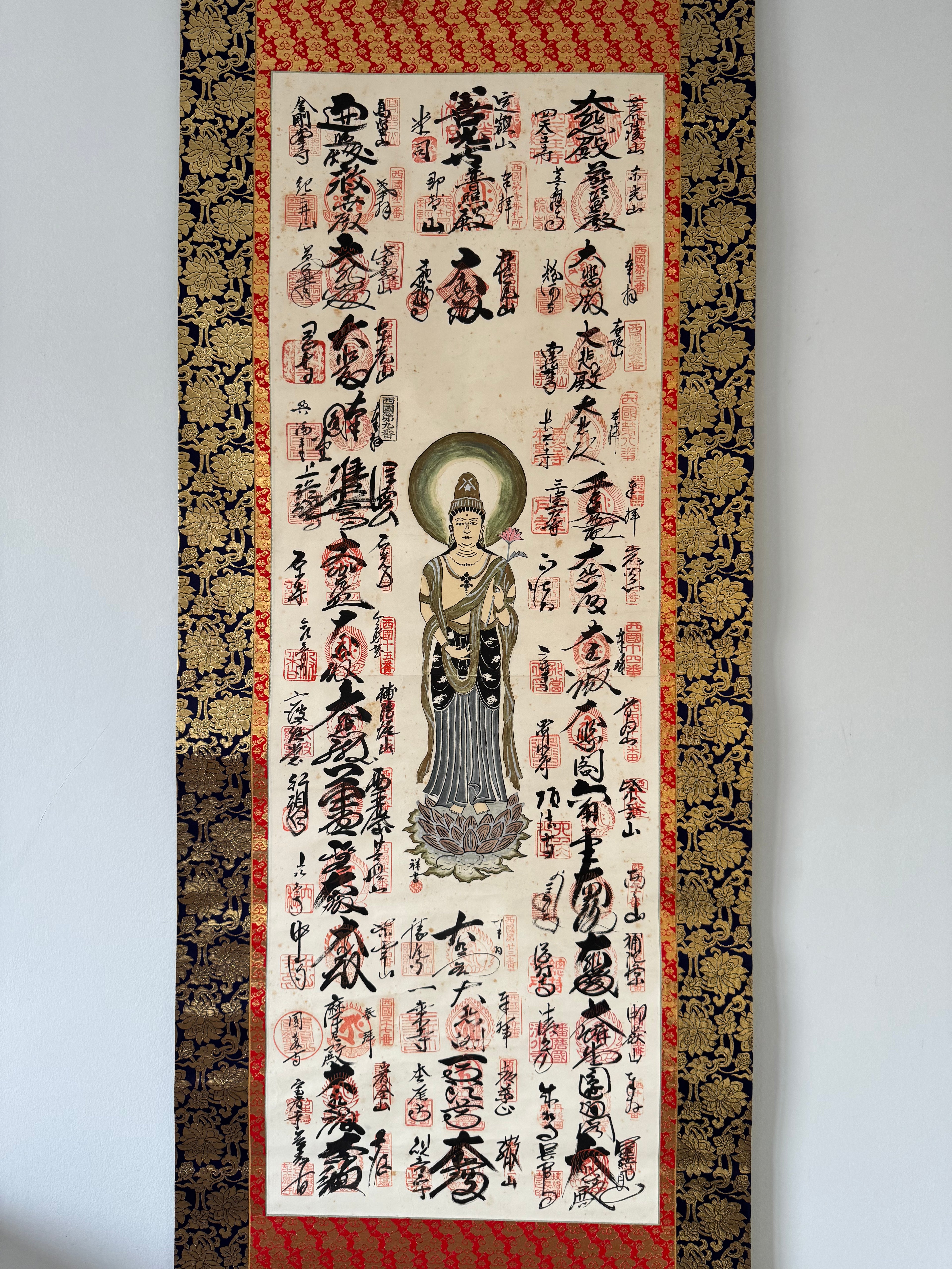 Japanese Kannon Bodhisattva Kakemono • Pilgrimage Temple Stamp Scroll - Traditional Buddhist Devotion Art