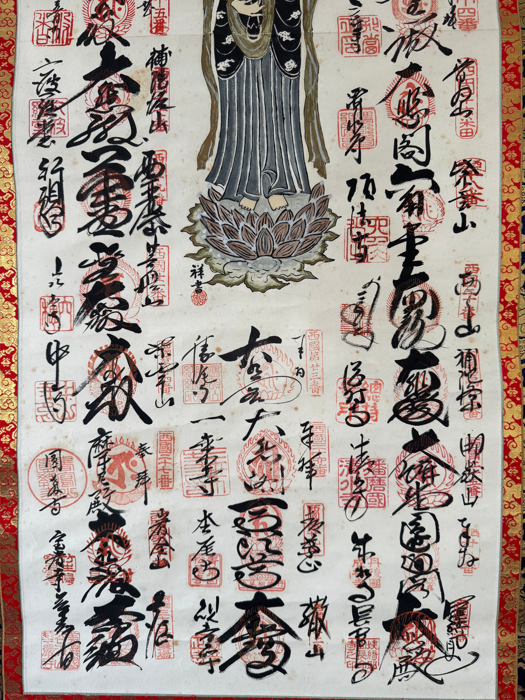 Japanese Kannon Bodhisattva Kakemono • Pilgrimage Temple Stamp Scroll - Traditional Buddhist Devotion Art