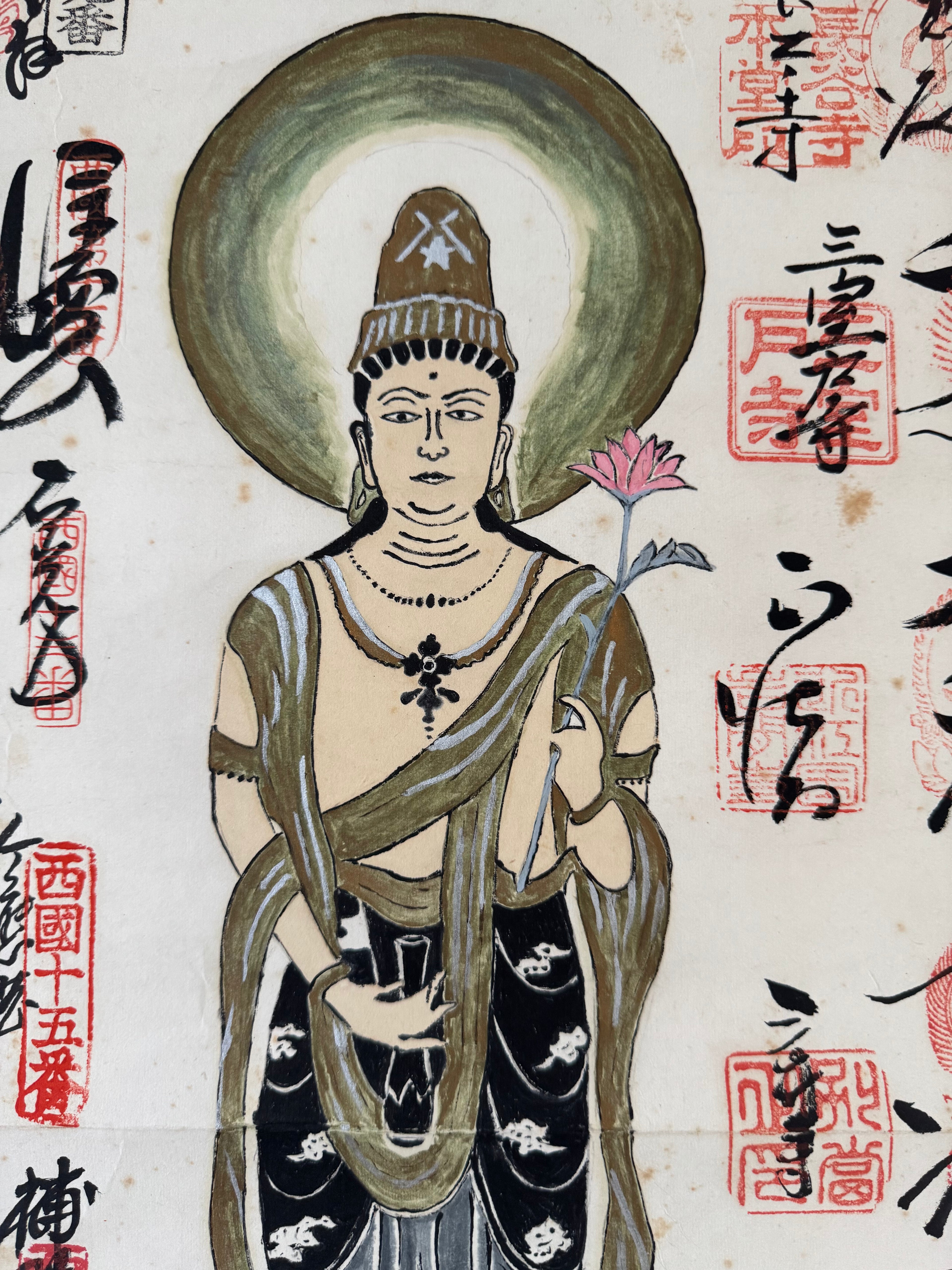 Japanese Kannon Bodhisattva Kakemono • Pilgrimage Temple Stamp Scroll - Traditional Buddhist Devotion Art