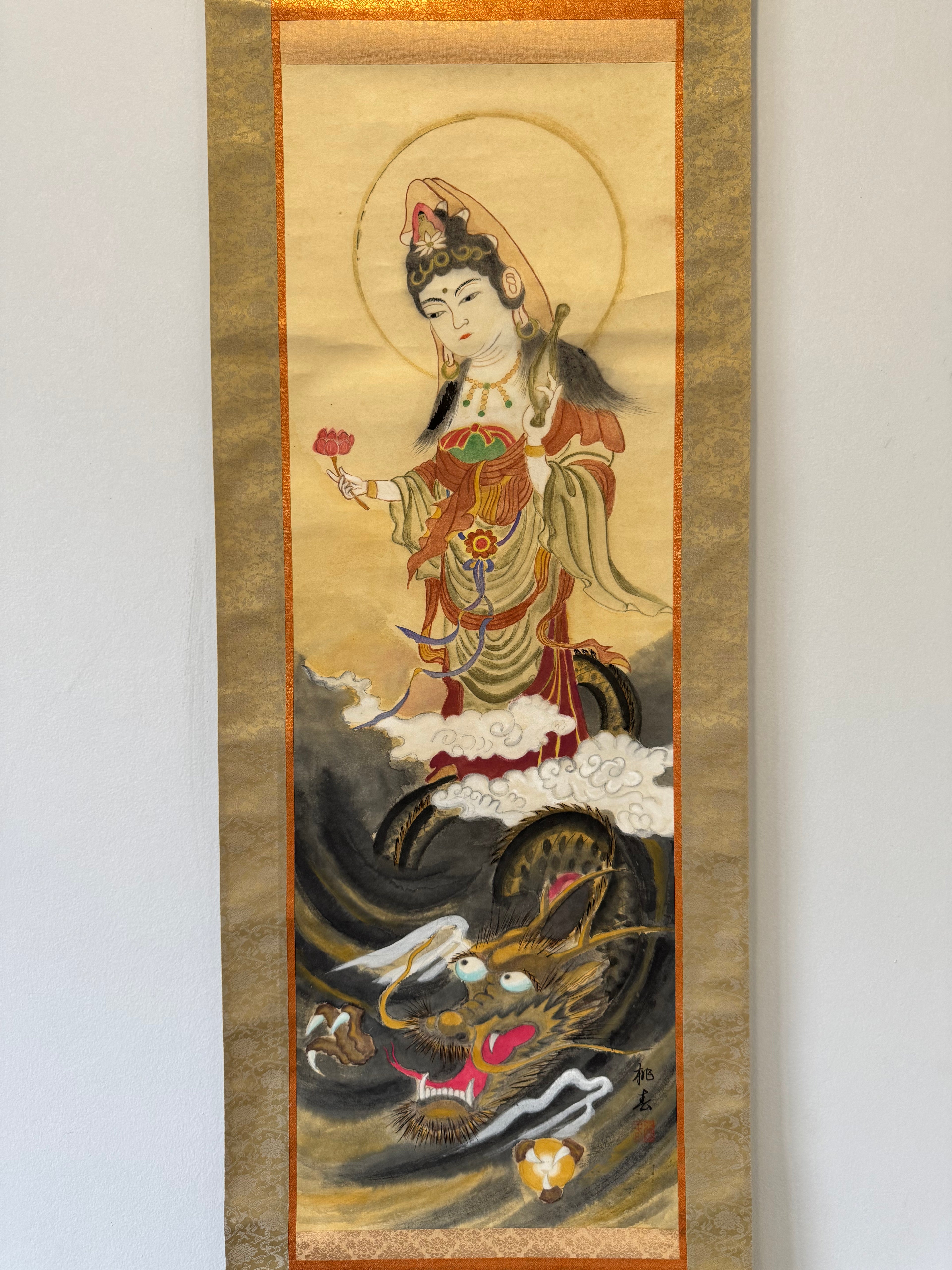 Japanese Kannon Riding Dragon Kakemono •Buddhist Scroll