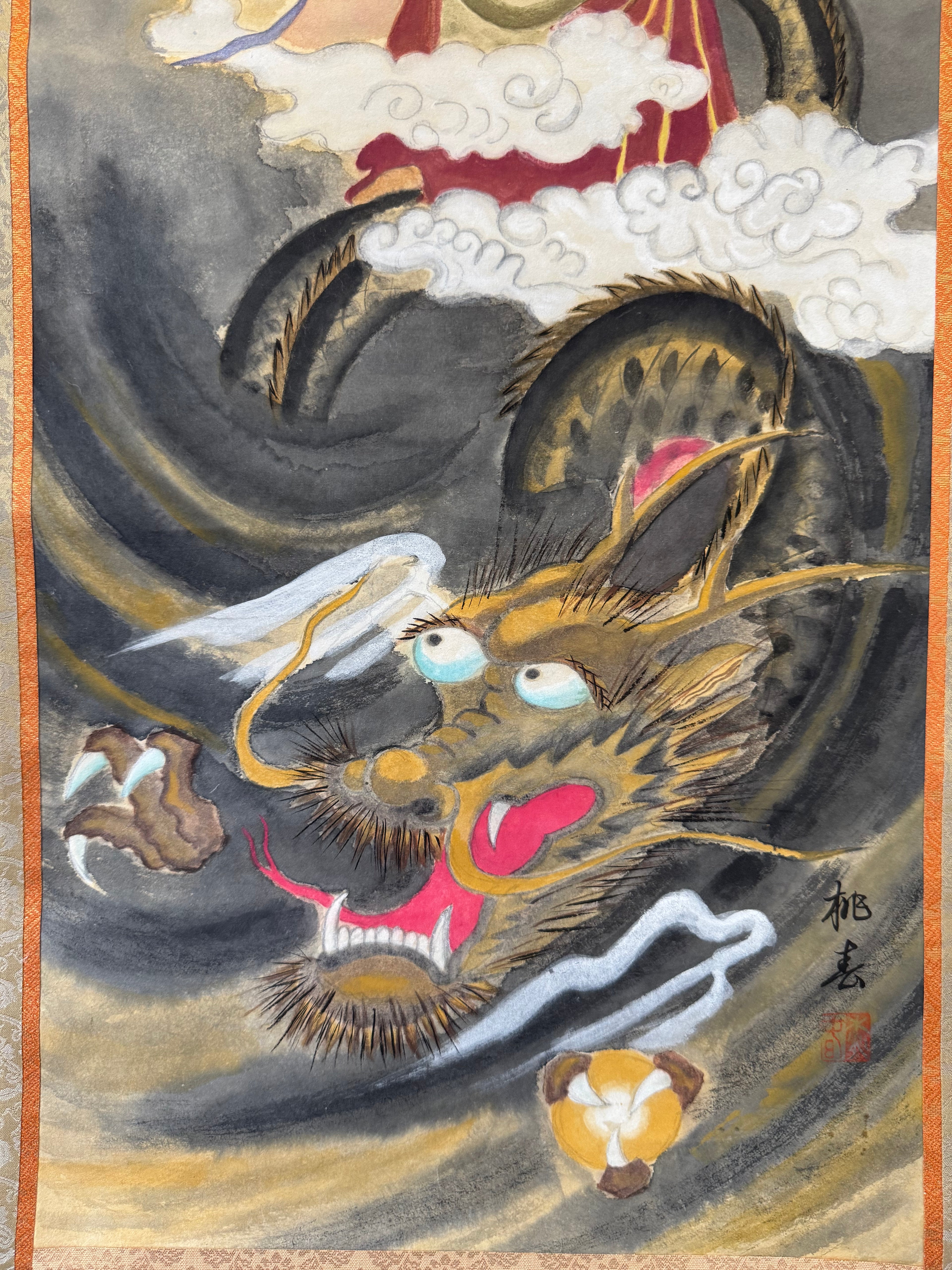 Japanese Kannon Riding Dragon Kakemono •Buddhist Scroll