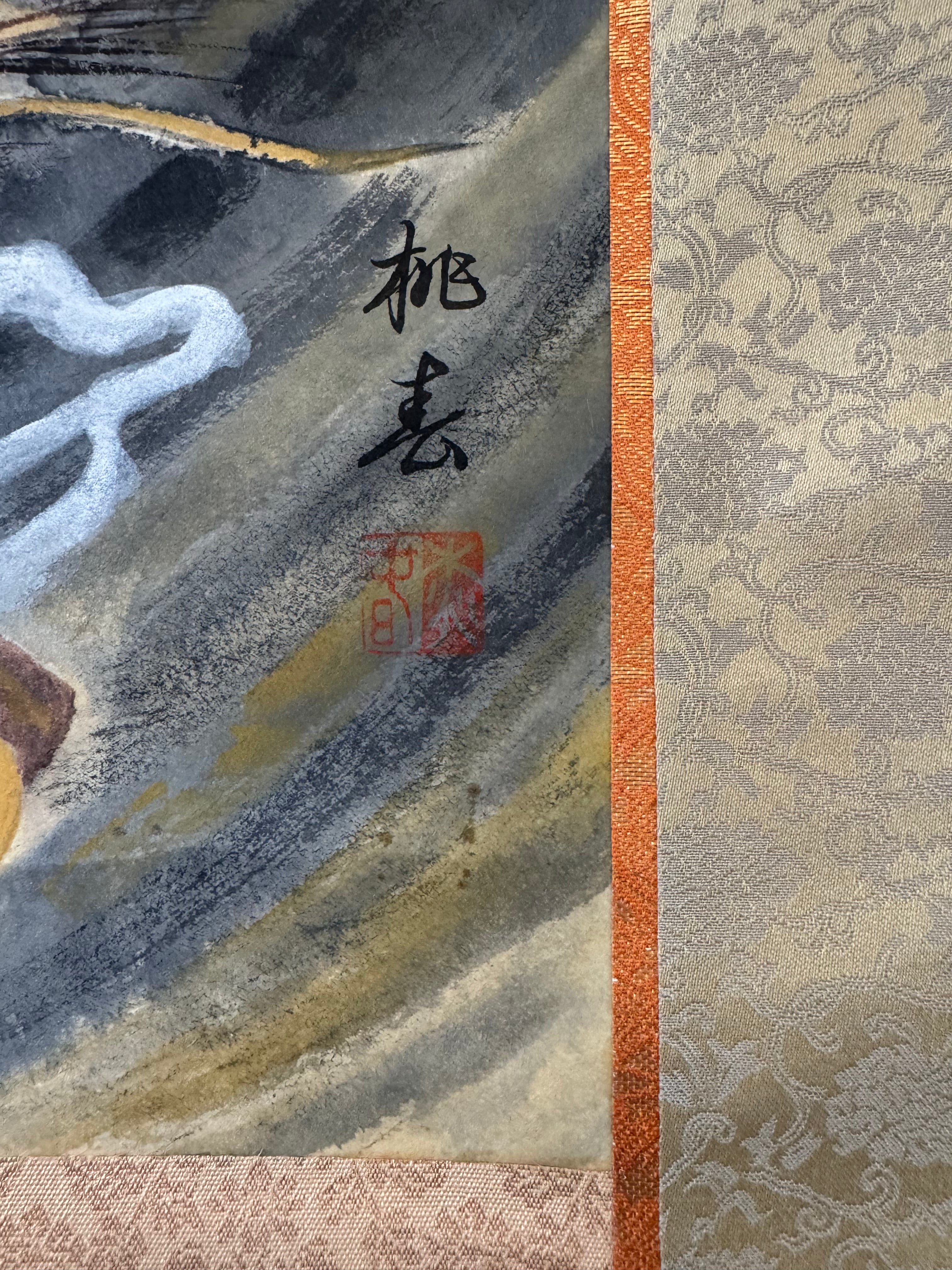 Japanese Kannon Riding Dragon Kakemono •Buddhist Scroll